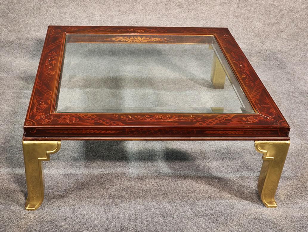 Chinoiserie & Brass Red Laquer Square Coffee Table Attributed to Mastercraft 2