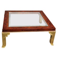 Chinoiserie & Brass Red Laquer Square Coffee Table Attributed to Mastercraft