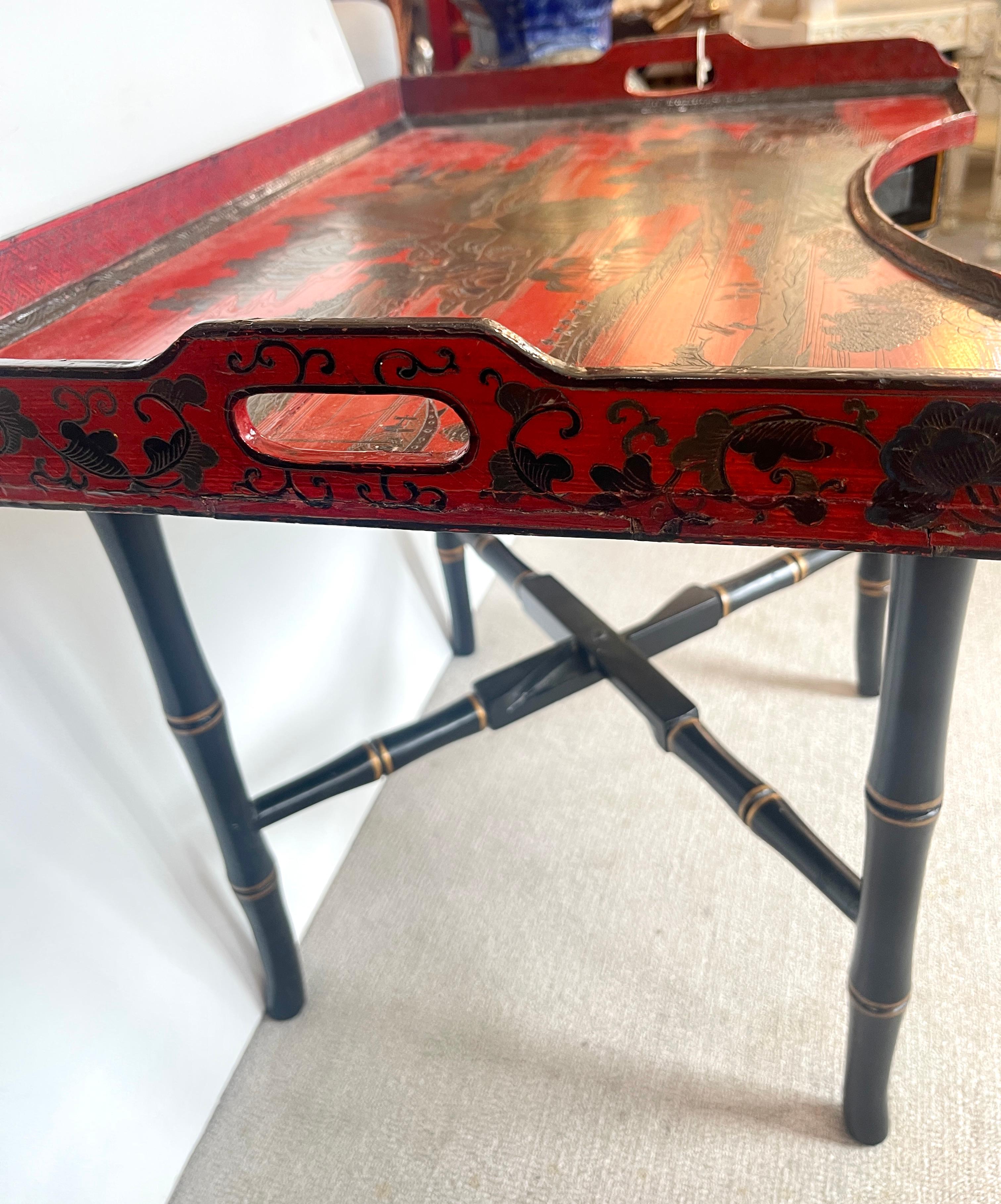 Chinoiserie Breakfast Tray Table on Faux Bamboo Folding Stand c.1890 For Sale 3
