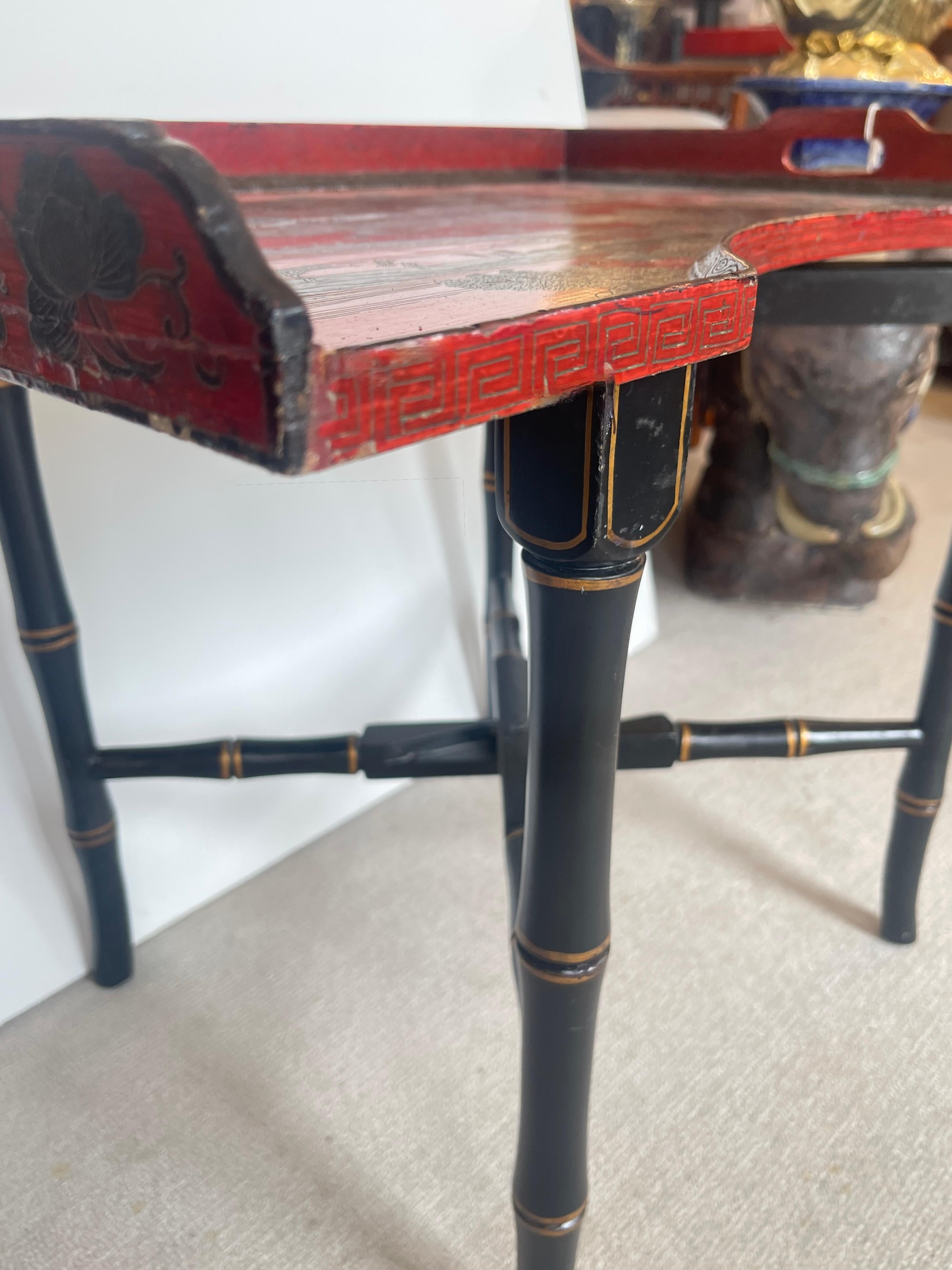 Chinoiserie Breakfast Tray Table on Faux Bamboo Folding Stand c.1890 For Sale 5