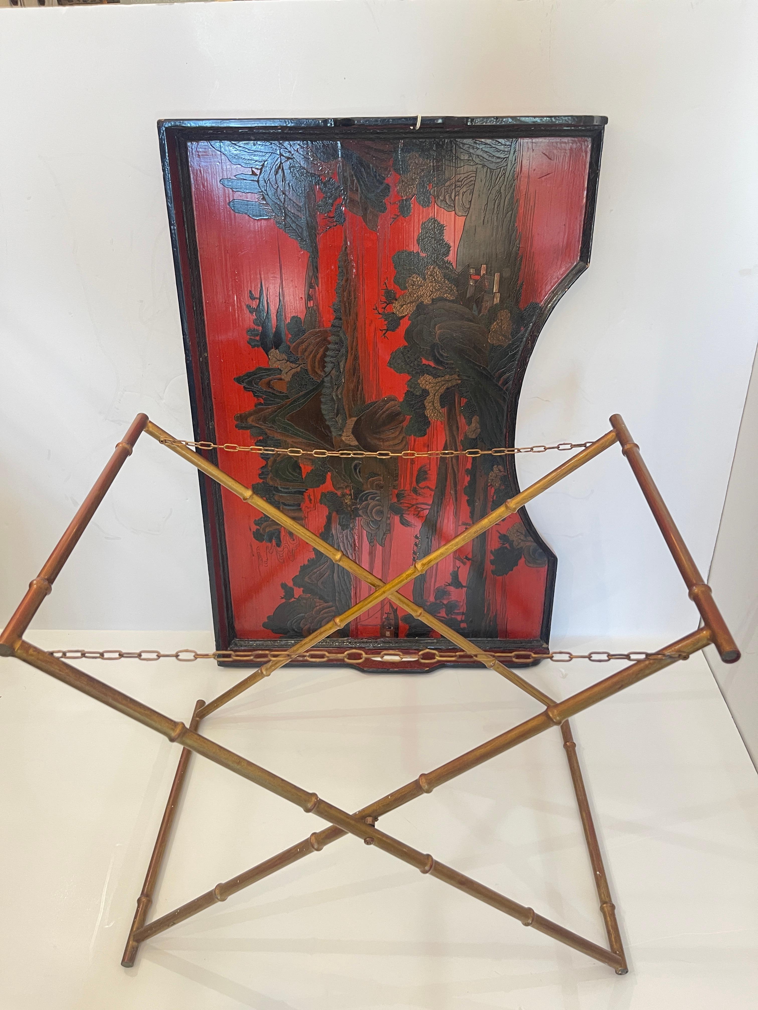 Chinoiserie Breakfast Tray Table on Faux Bamboo Folding Stand c.1890 For Sale 8
