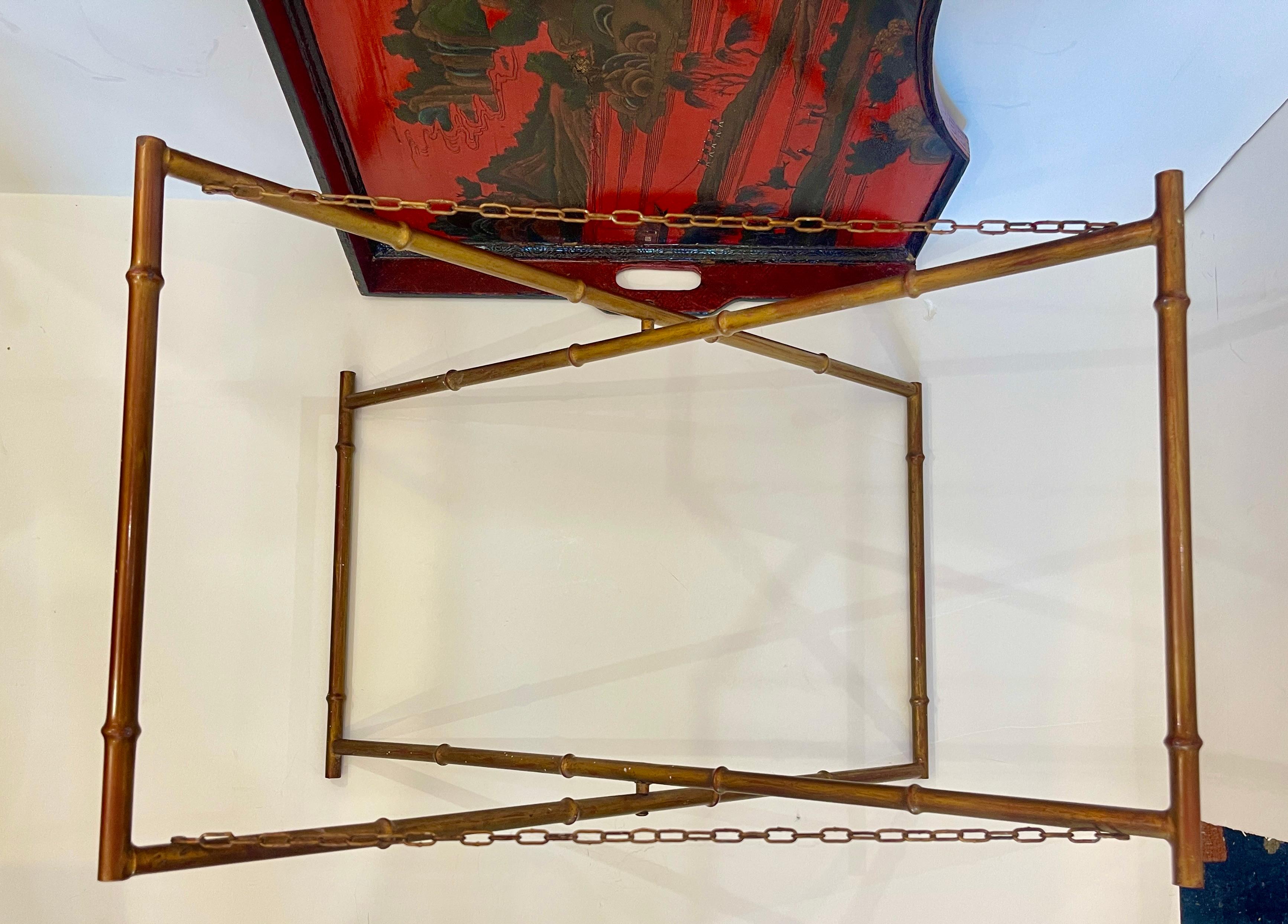Chinoiserie Breakfast Tray Table on Faux Bamboo Folding Stand c.1890 For Sale 10