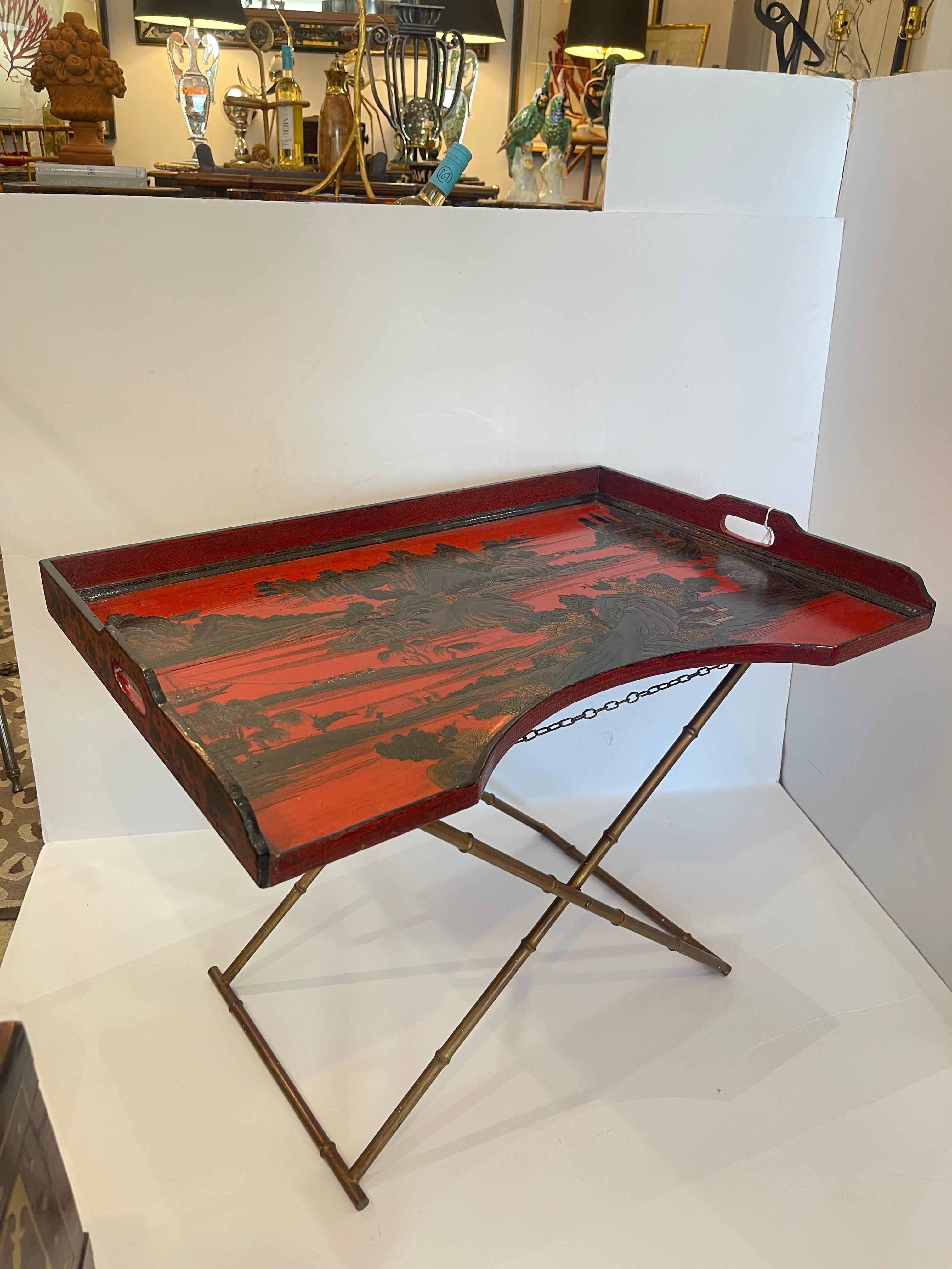 Chinoiserie Breakfast Tray Table on Faux Bamboo Folding Stand c.1890 For Sale 12