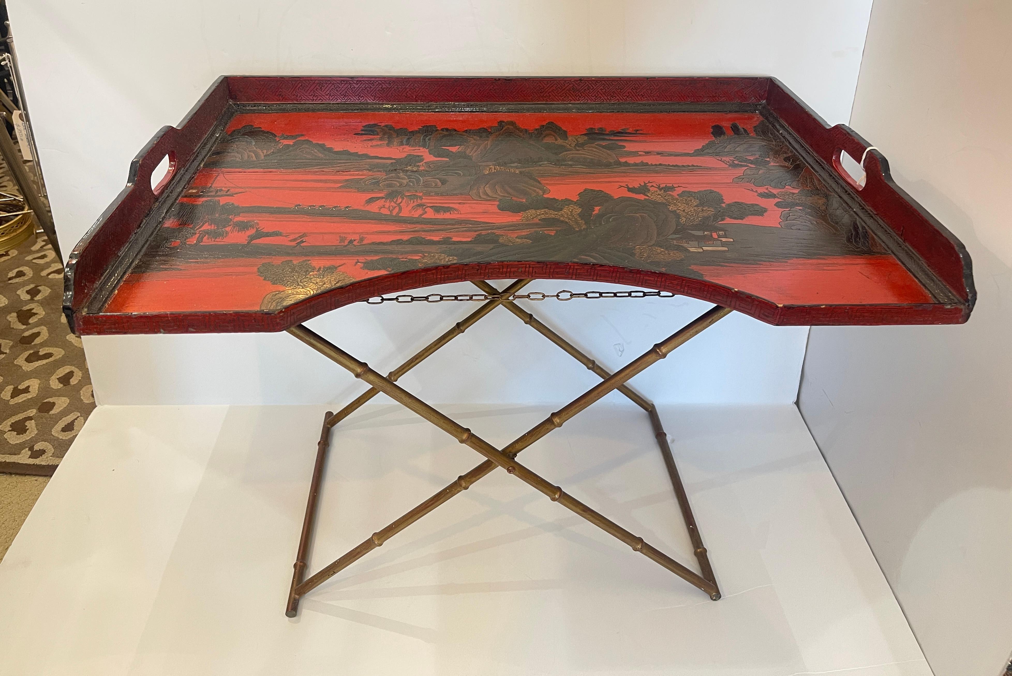 Just in this beautiful antique Chinoiserie Breakfast Tray on Faux Bamboo Folding Stand C.1890.
They tray is veryversati;le you can use it for breakfast in bed or as a tray table or side table.
It is made of wood and lacquer, the design of the