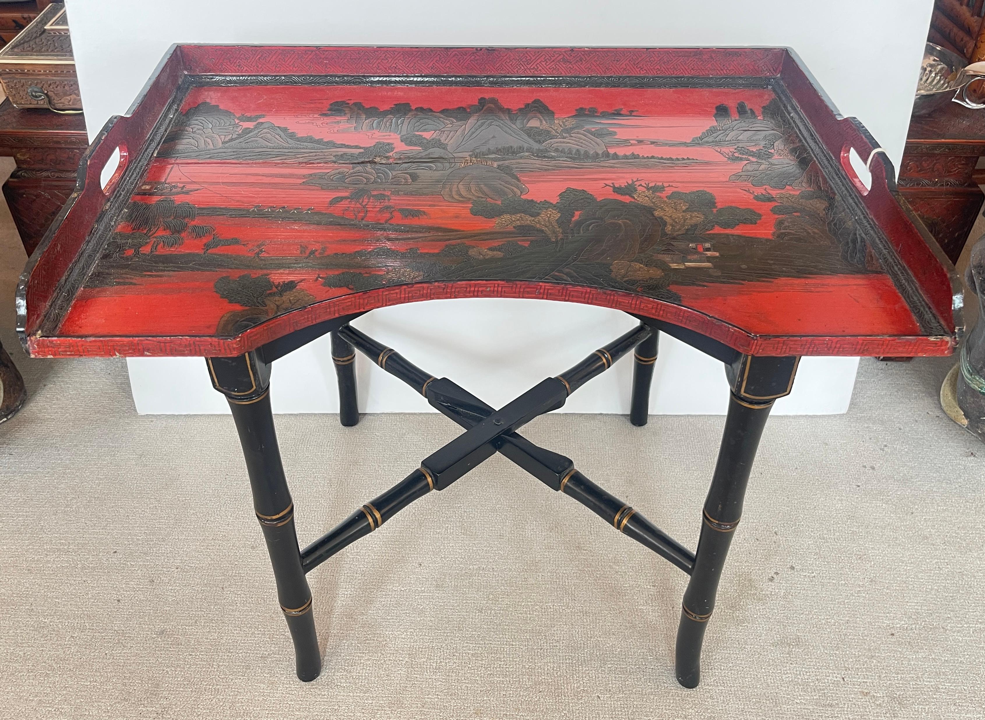 Just in this beautiful antique Chinoiserie Breakfast Tray on Faux Bamboo Folding Stand C.1890.
This tray is very versatile you can use it for breakfast in bed or as a tray table or side table.
It is made of wood and lacquer, the design of the