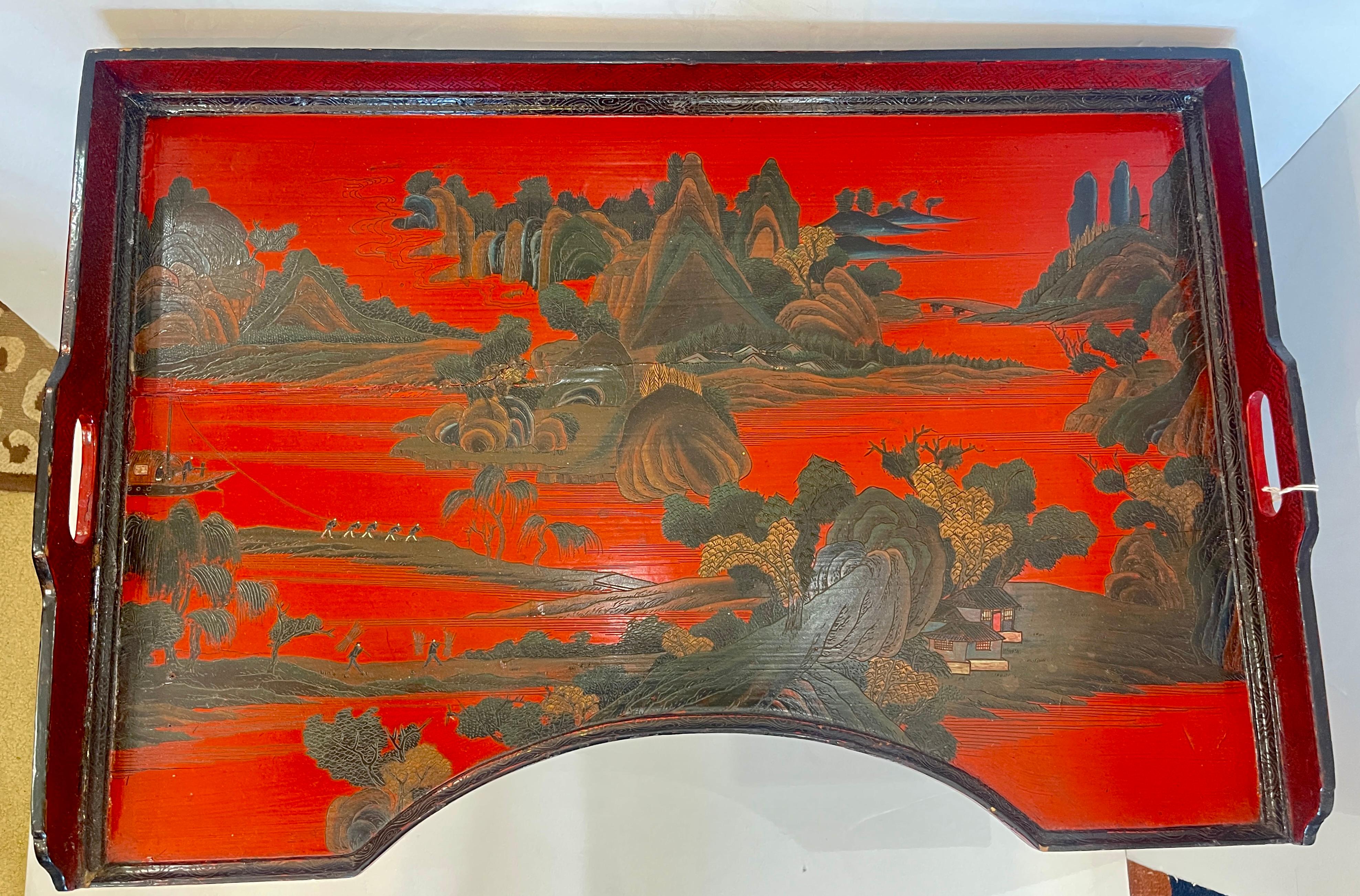 British Chinoiserie Breakfast Tray Table on Faux Bamboo Folding Stand c.1890 For Sale