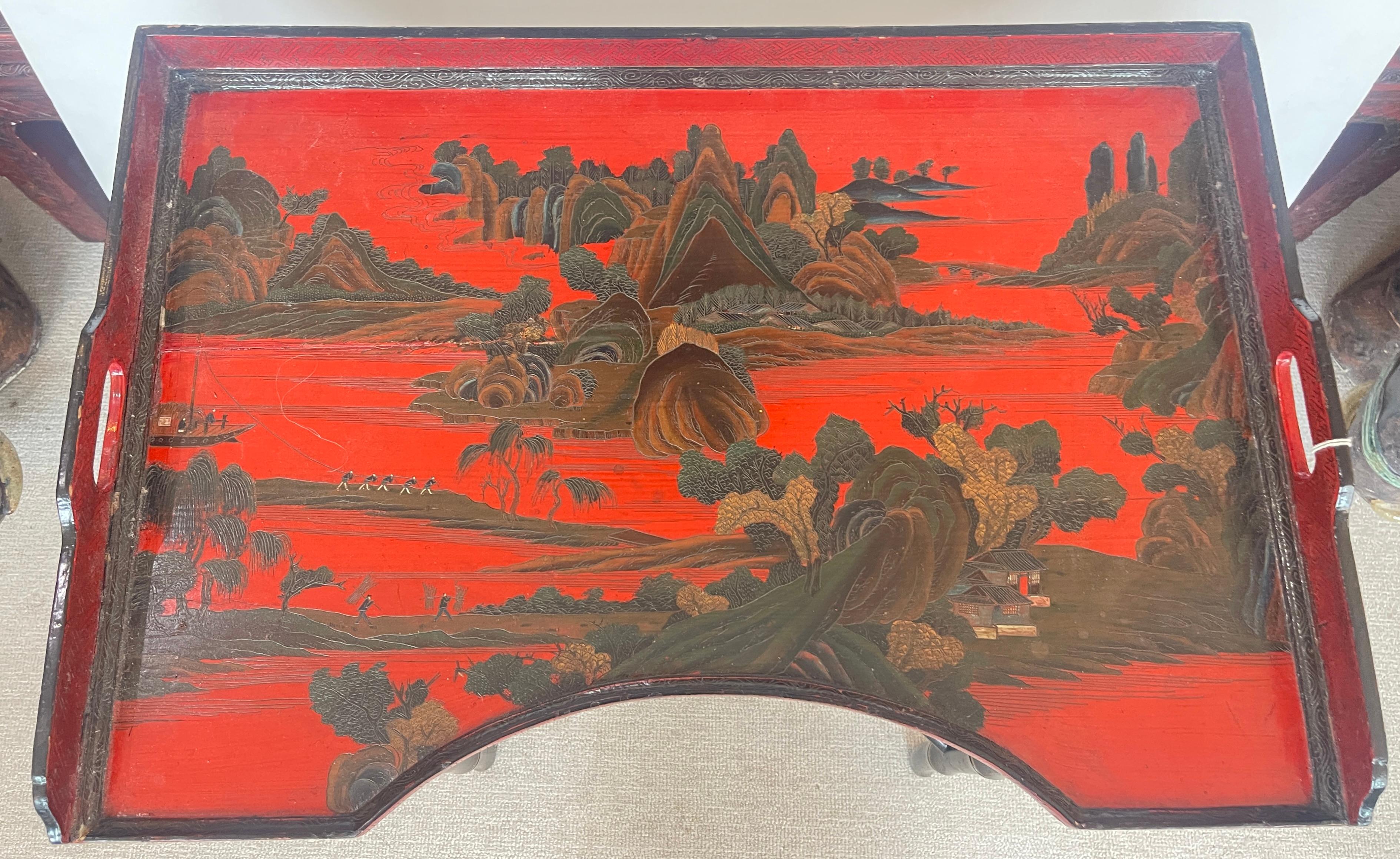 British Chinoiserie Breakfast Tray Table on Faux Bamboo Folding Stand c.1890 For Sale