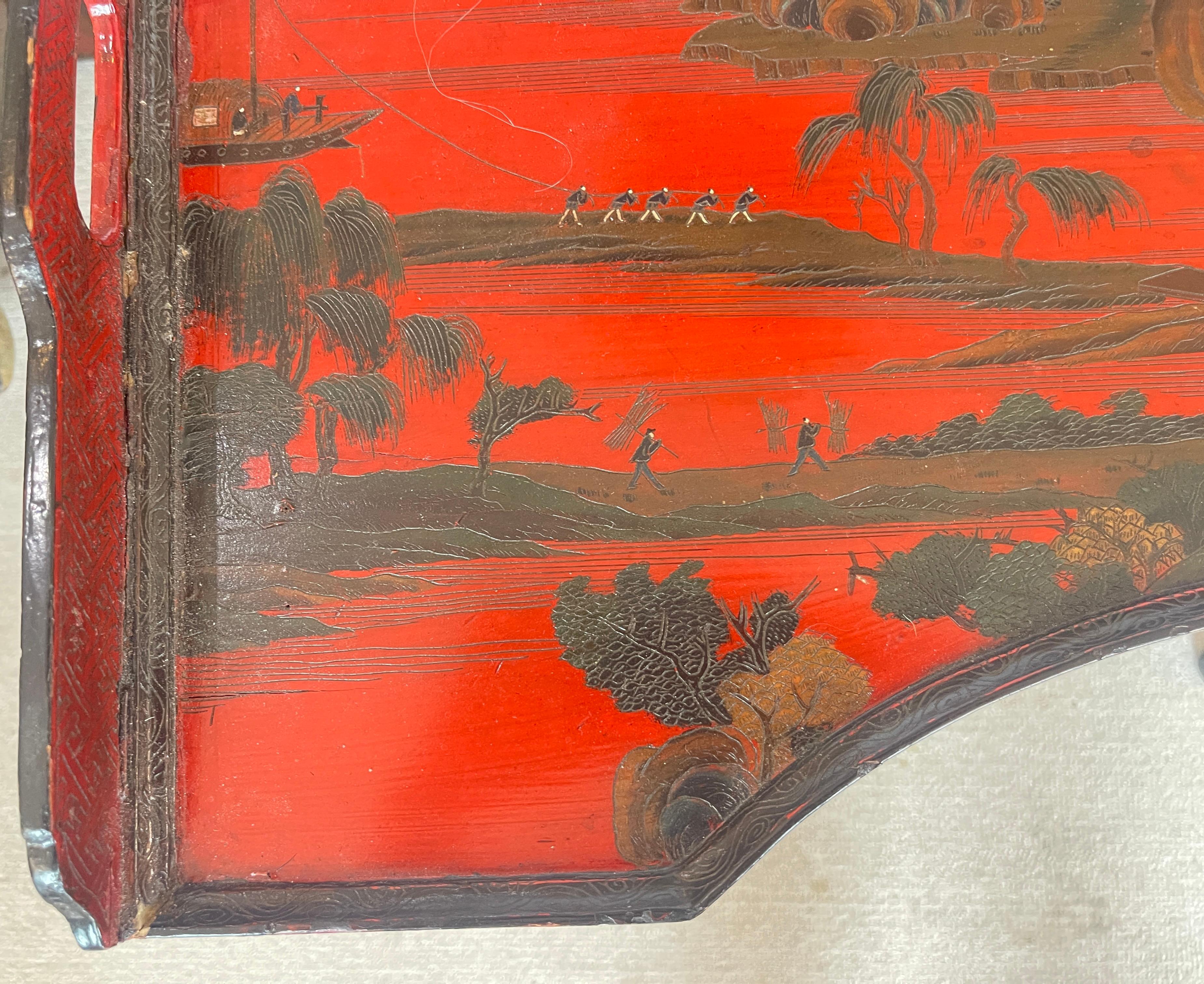 Hand-Crafted Chinoiserie Breakfast Tray Table on Faux Bamboo Folding Stand c.1890 For Sale