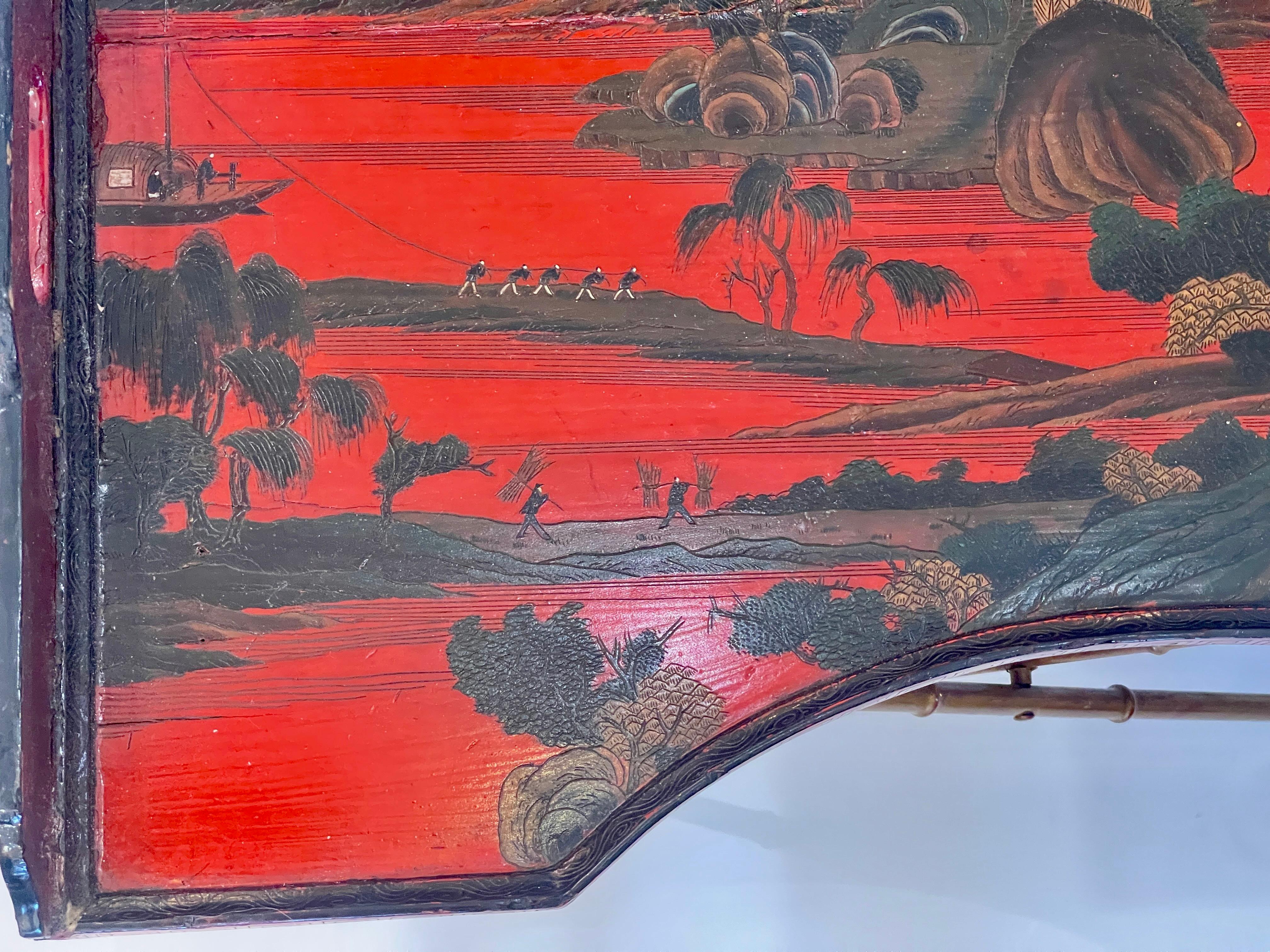 Chinoiserie Breakfast Tray Table on Faux Bamboo Folding Stand c.1890 In Good Condition For Sale In West Palm Beach, FL
