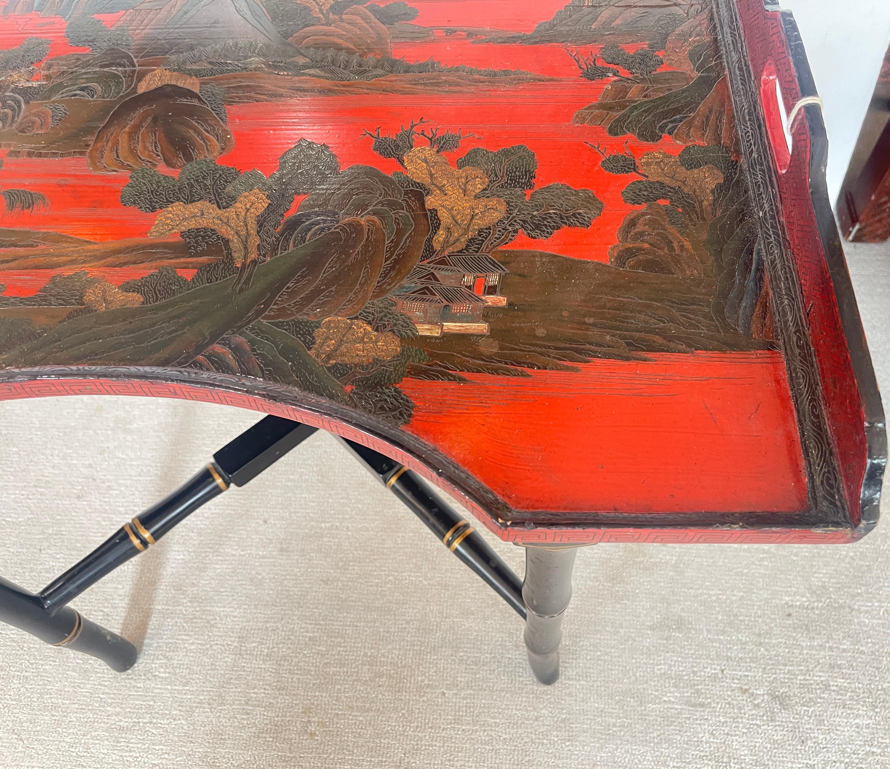 19th Century Chinoiserie Breakfast Tray Table on Faux Bamboo Folding Stand c.1890 For Sale