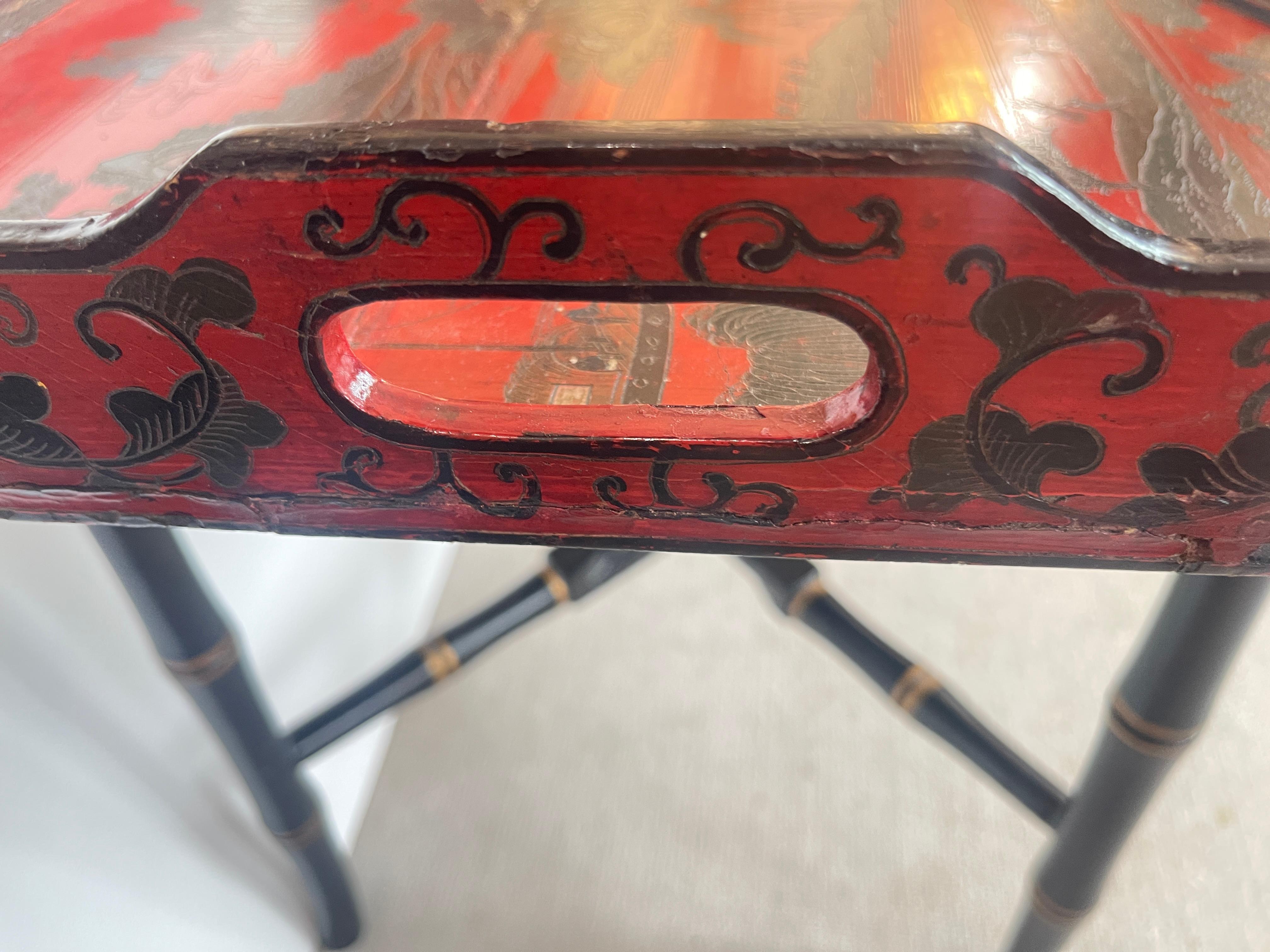 Chinoiserie Breakfast Tray Table on Faux Bamboo Folding Stand c.1890 For Sale 2