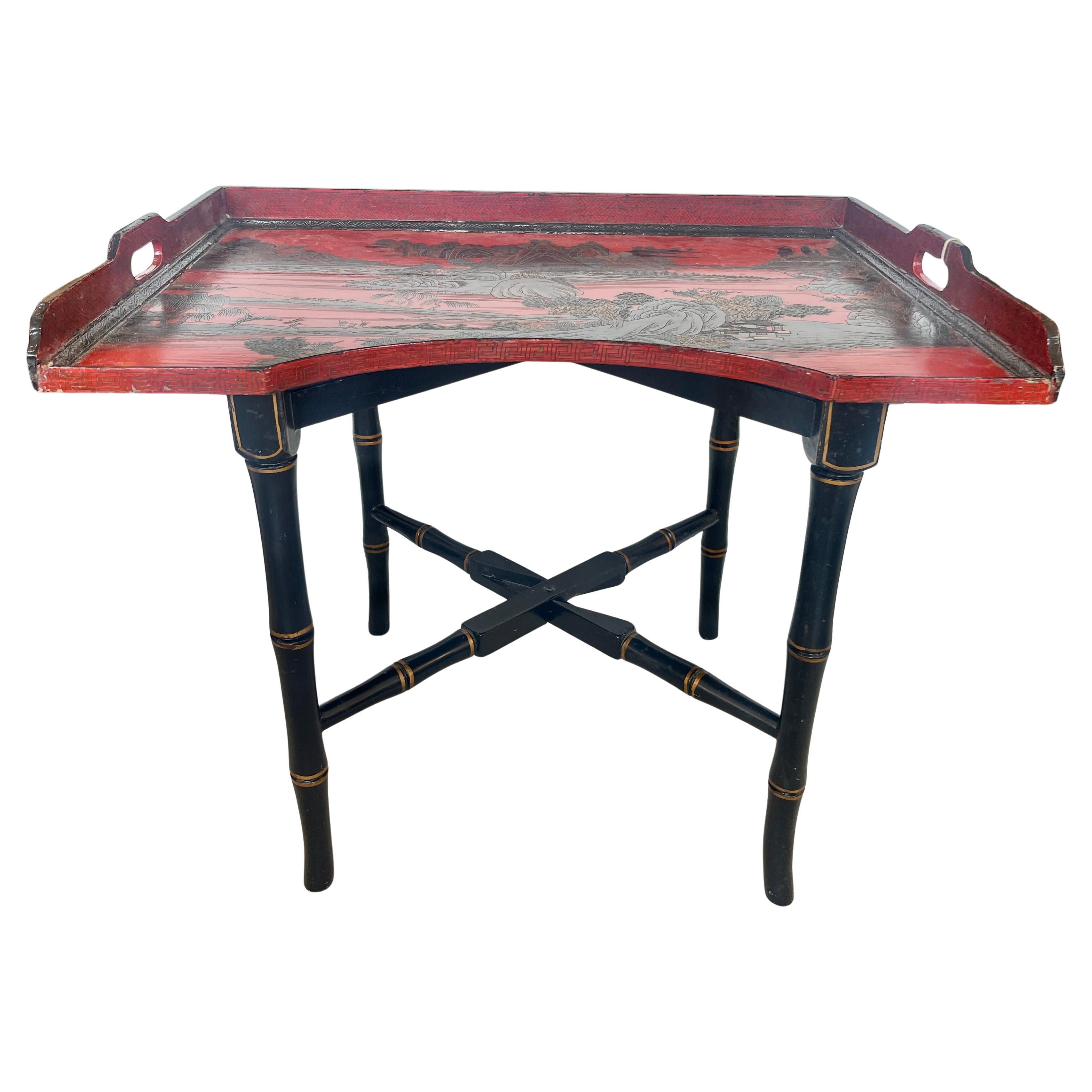 Chinoiserie Breakfast Tray Table on Faux Bamboo Folding Stand c.1890 For Sale