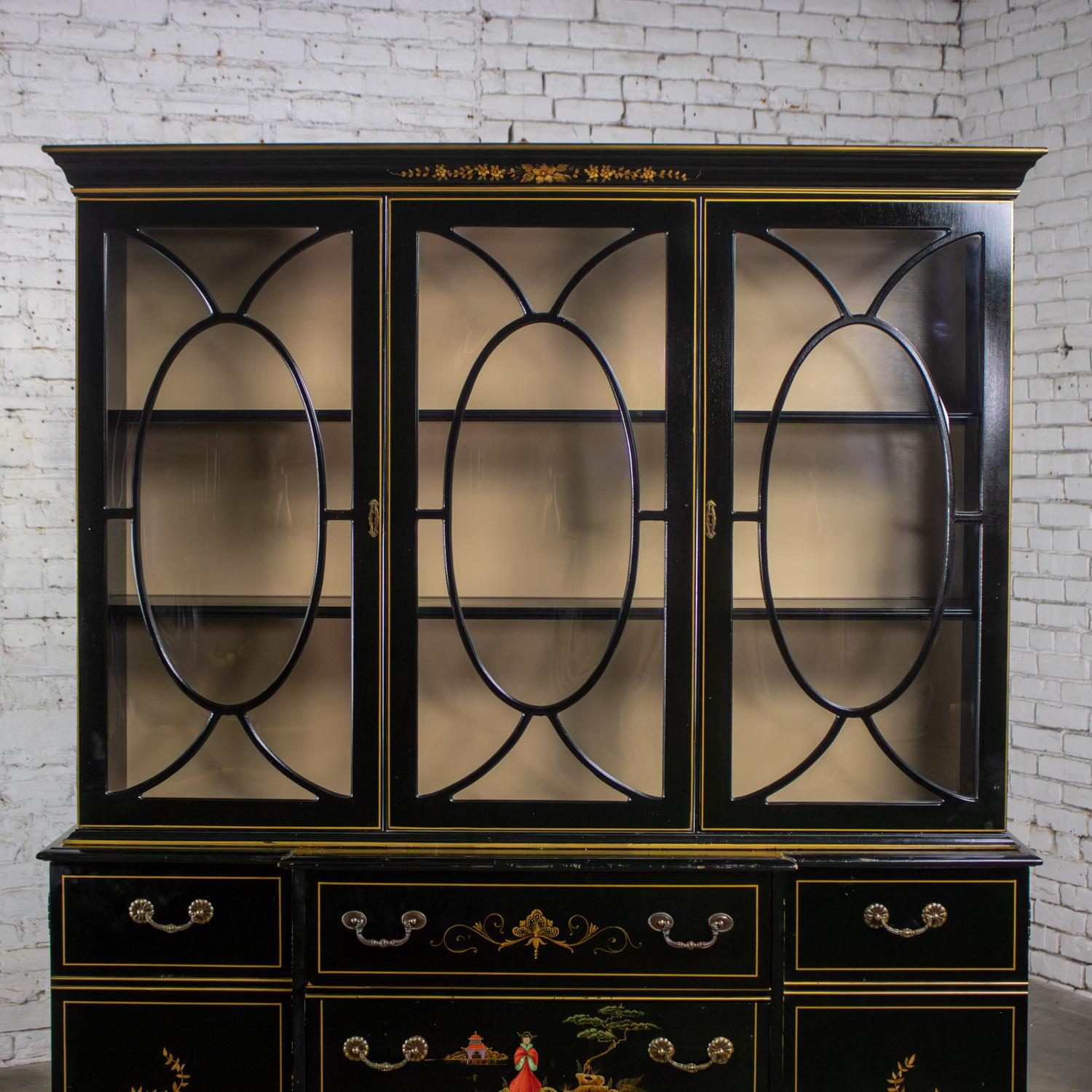 Chinoiserie Breakfront China Hutch Drop Front Secretary Bookcase Black Lacquer For Sale 3