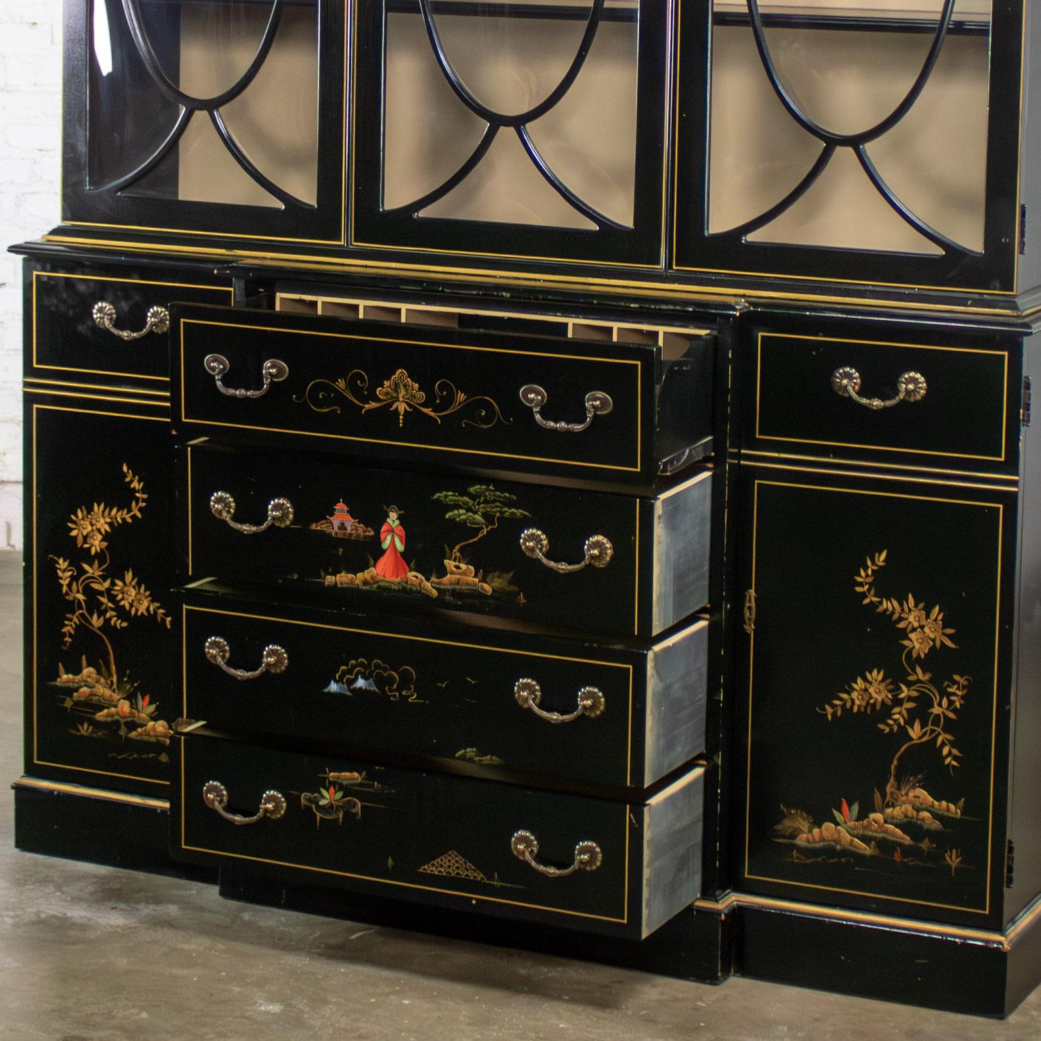Chinoiserie Breakfront China Hutch Drop Front Secretary Bookcase Black Lacquer For Sale 4