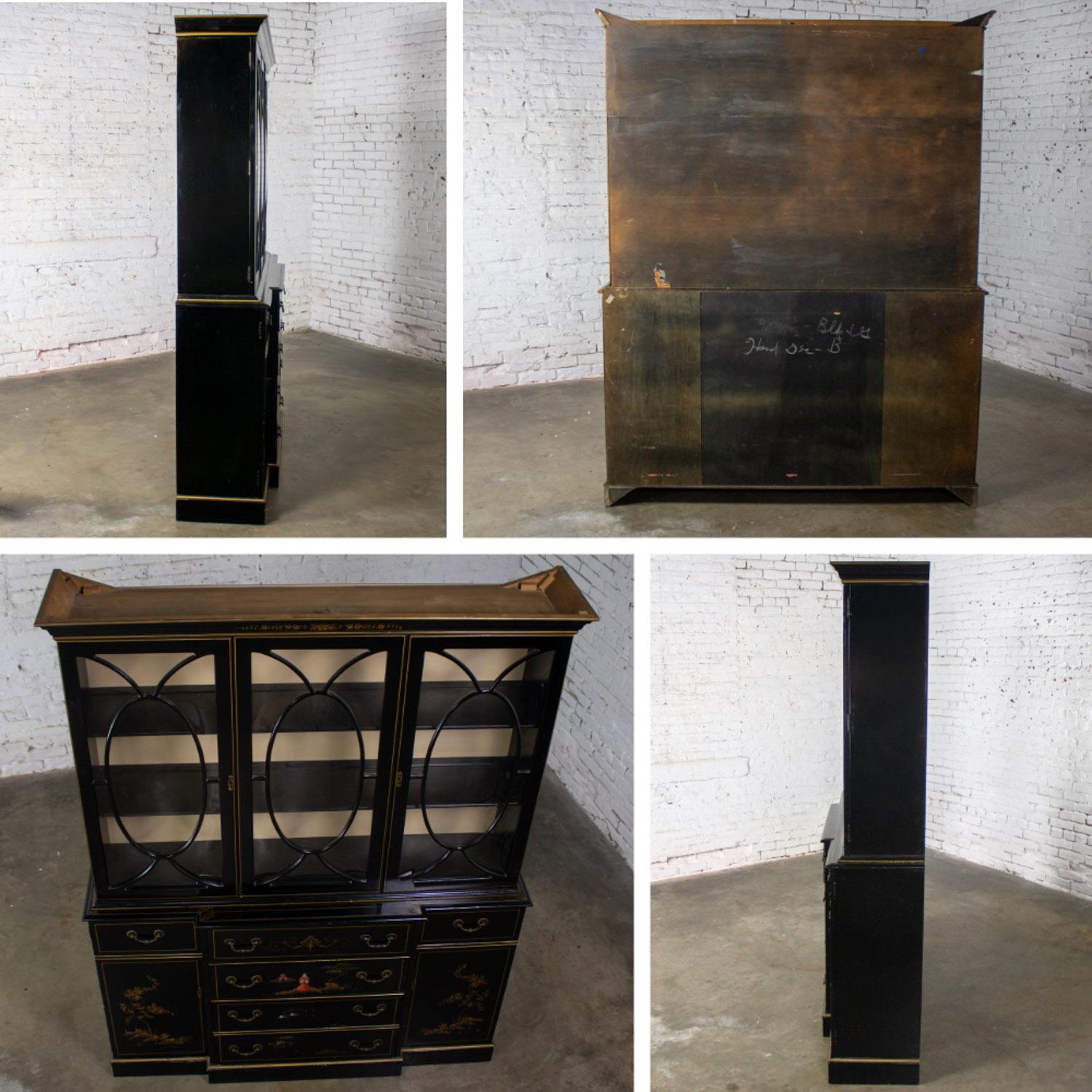 Chinoiserie Breakfront China Hutch Drop Front Secretary Bookcase Black Lacquer For Sale 5