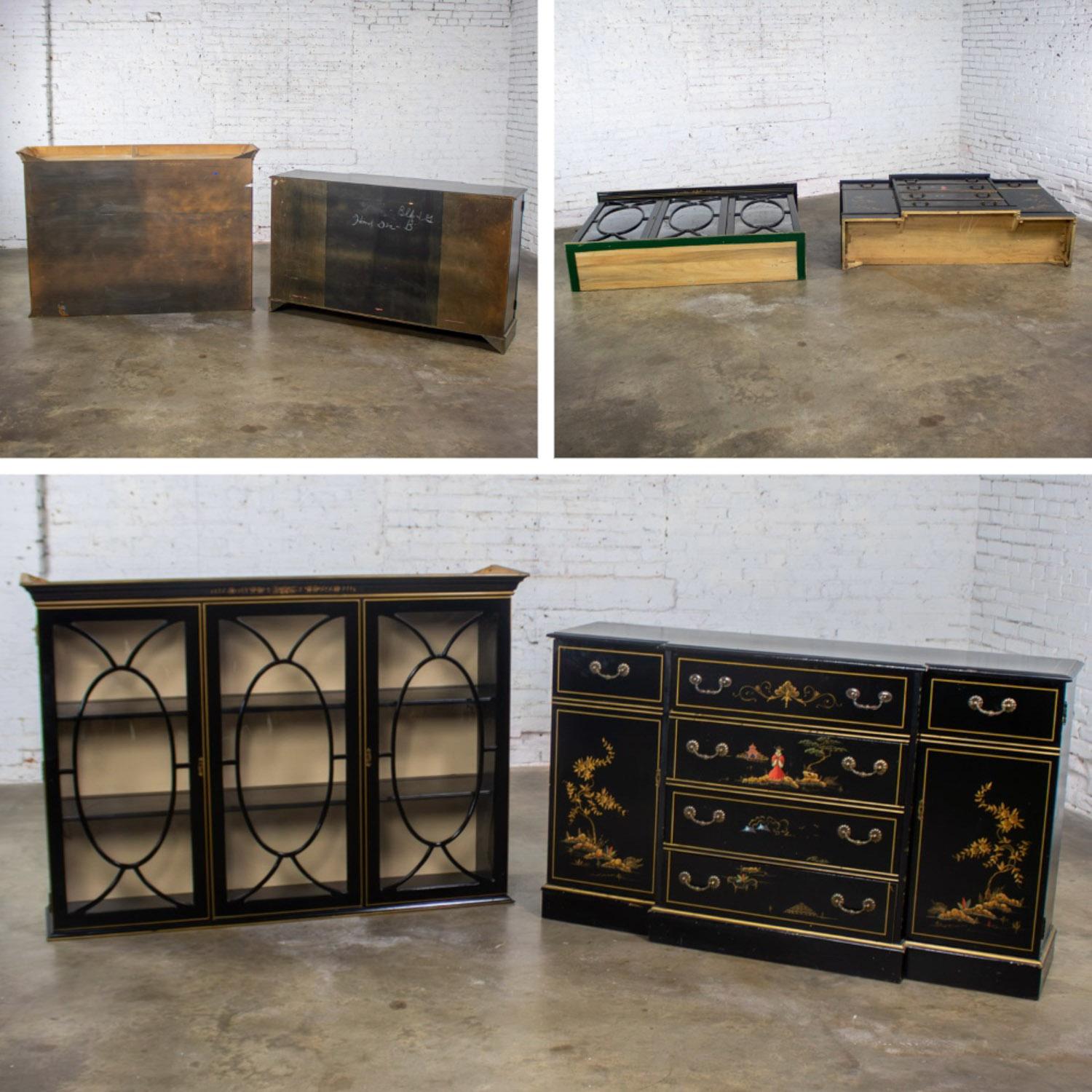 Chinoiserie Breakfront China Hutch Drop Front Secretary Bookcase Black Lacquer For Sale 6