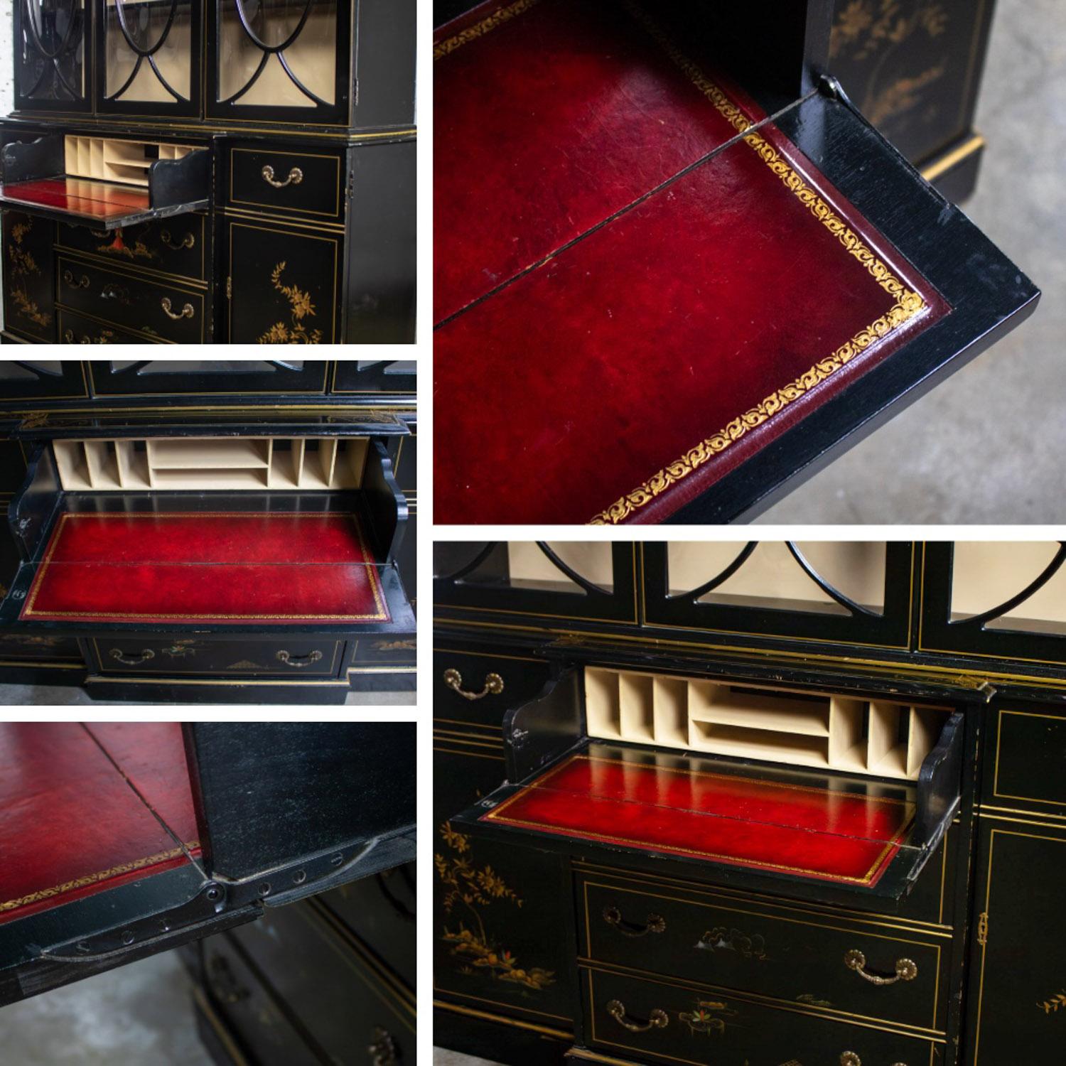 Chinoiserie Breakfront China Hutch Drop Front Secretary Bookcase Black Lacquer For Sale 7