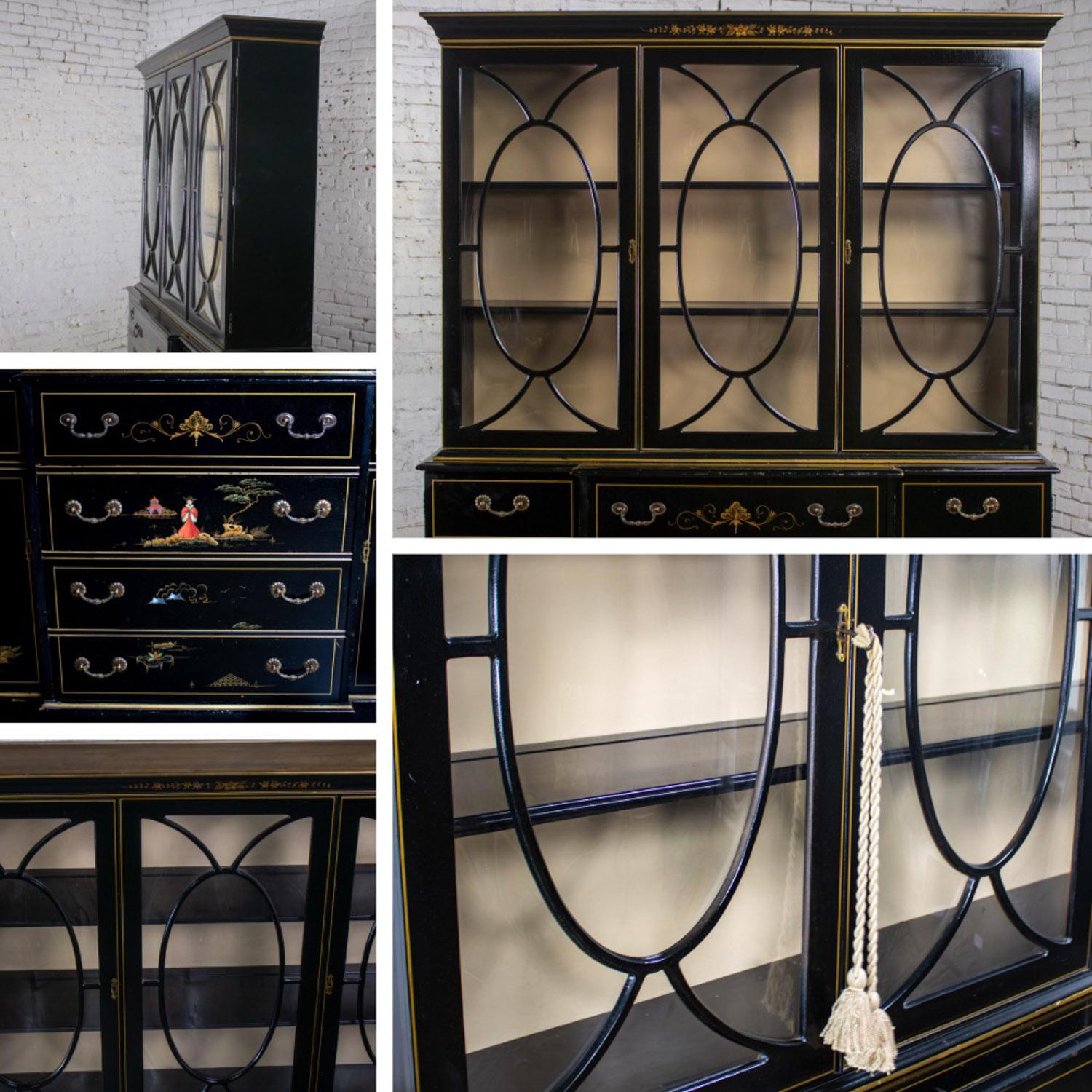 Chinoiserie Breakfront China Hutch Drop Front Secretary Bookcase Black Lacquer For Sale 8