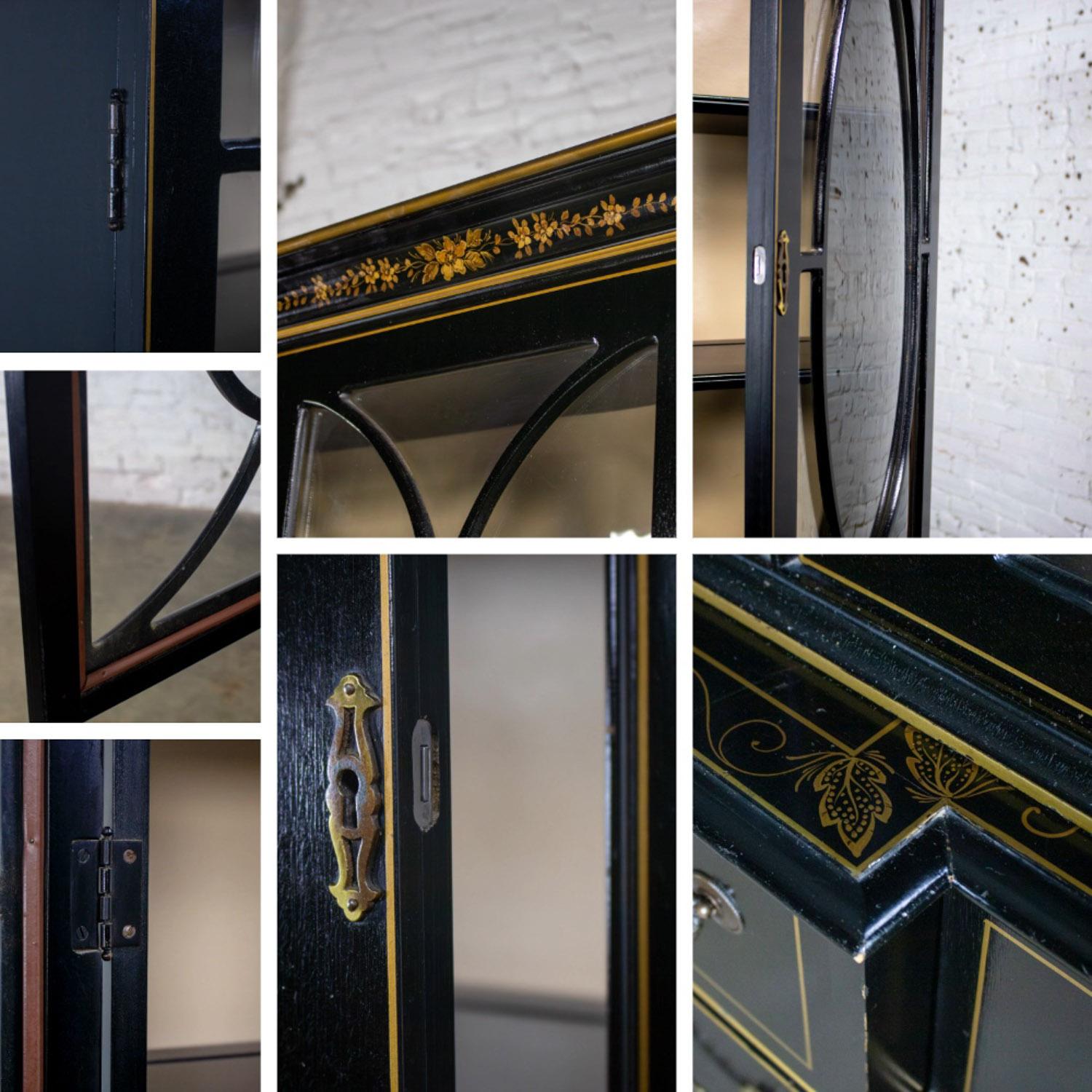 Chinoiserie Breakfront China Hutch Drop Front Secretary Bookcase Black Lacquer For Sale 9