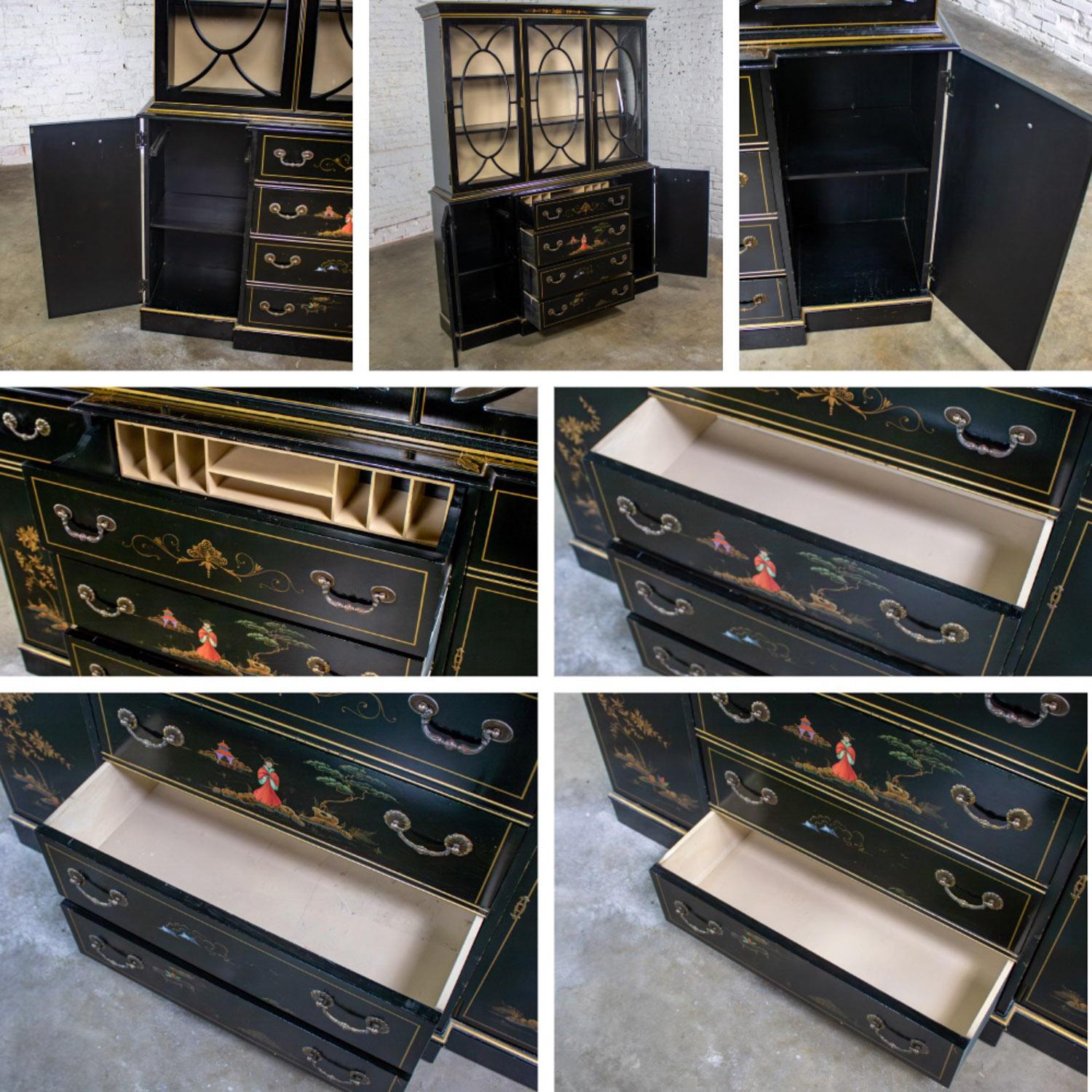 Chinoiserie Breakfront China Hutch Drop Front Secretary Bookcase Black Lacquer For Sale 10