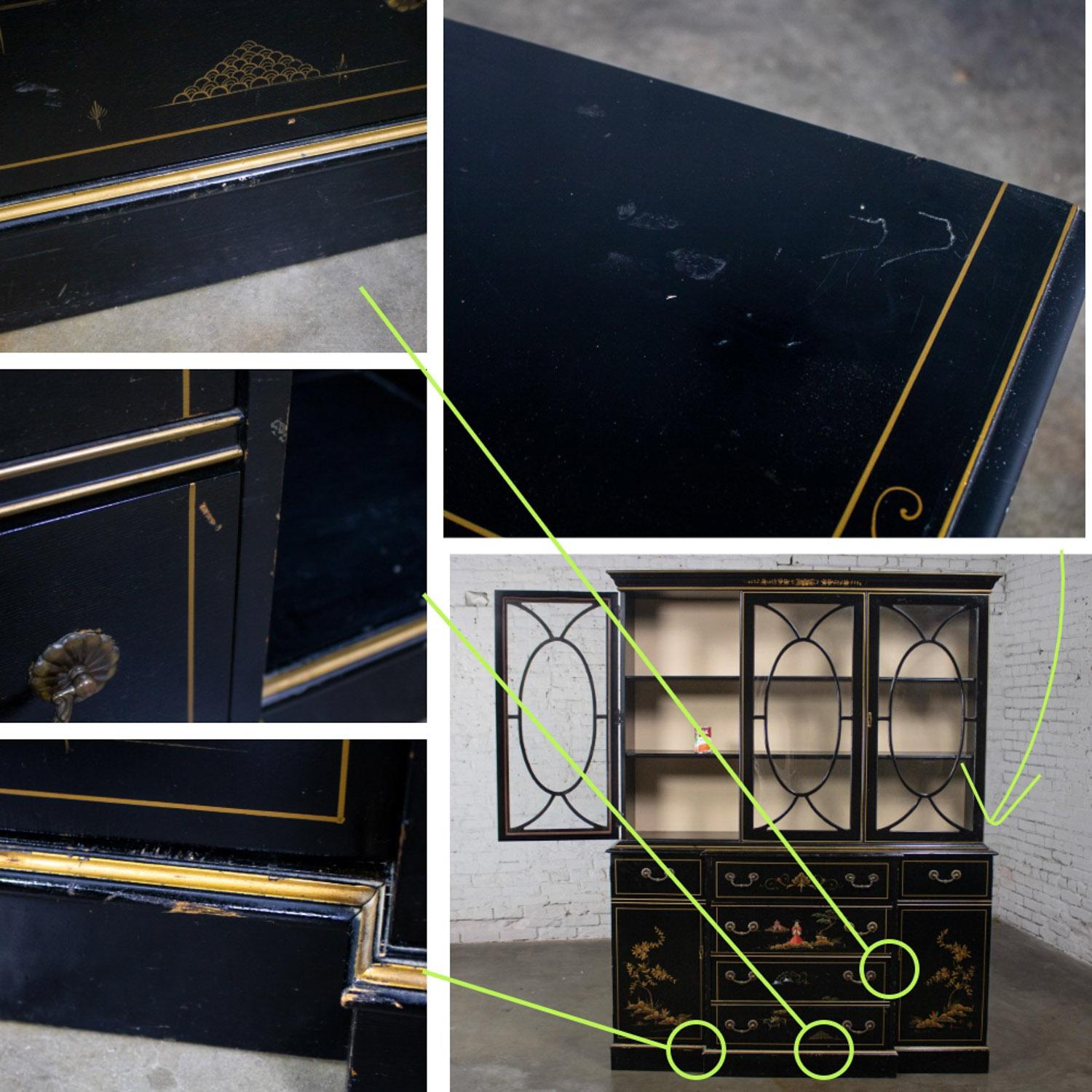 Chinoiserie Breakfront China Hutch Drop Front Secretary Bookcase Black Lacquer For Sale 11