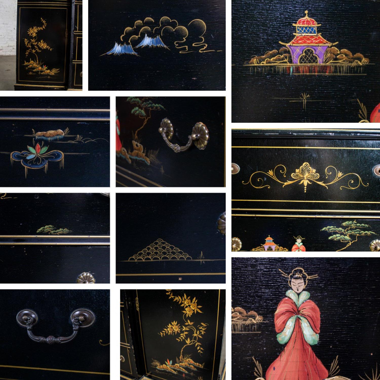 Chinoiserie Breakfront China Hutch Drop Front Secretary Bookcase Black Lacquer For Sale 12