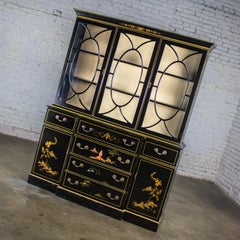Chinoiserie Breakfront China Hutch Drop Front Secretary Bookcase Black Lacquer