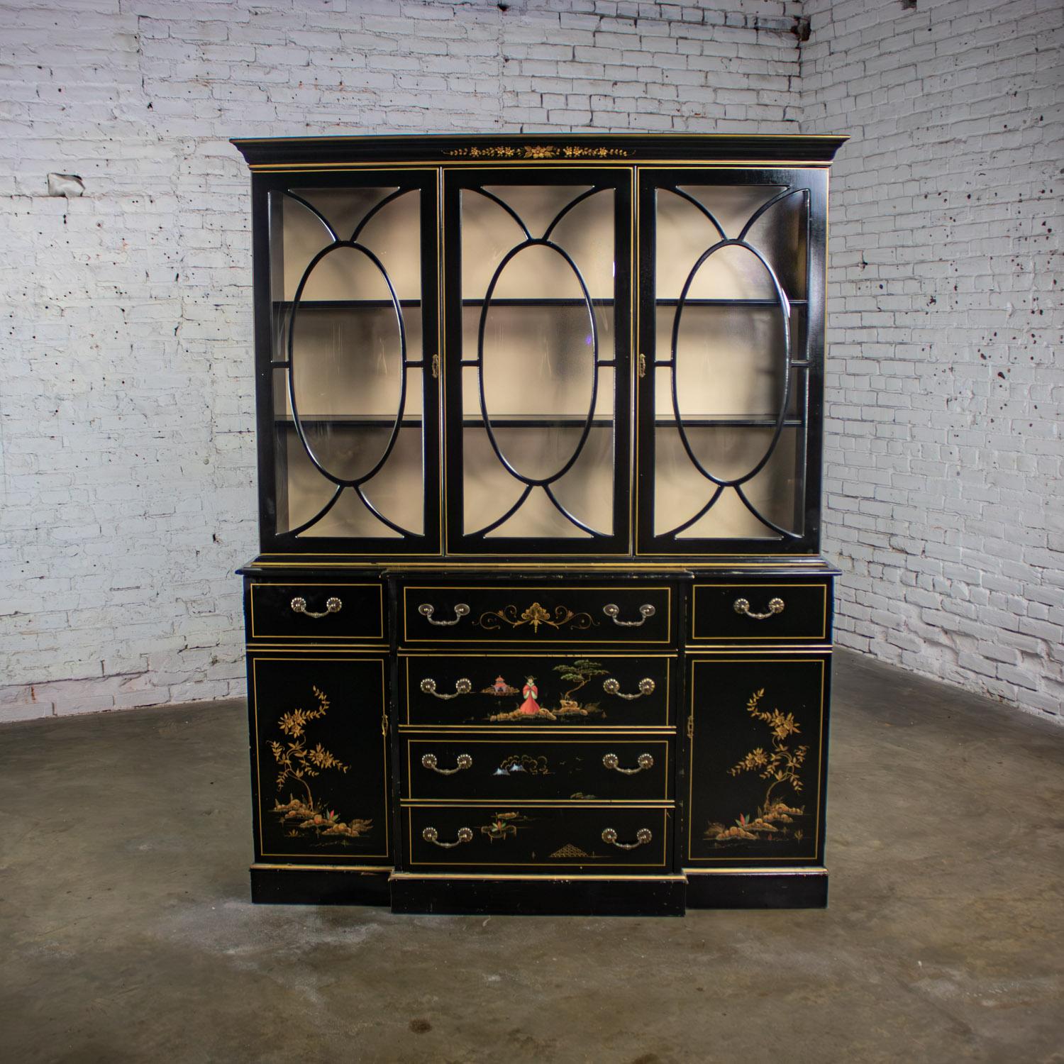Chinoiserie Breakfront China Hutch Drop Front Secretary Bookcase Black Lacquer For Sale 13