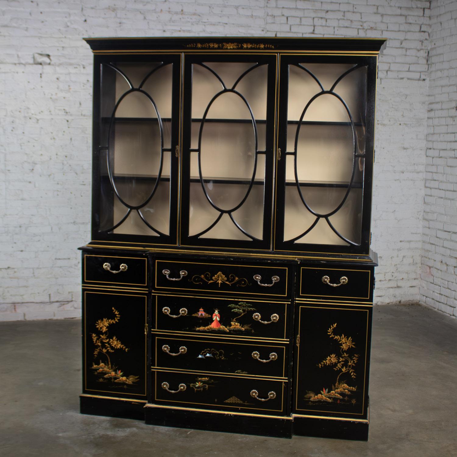 Unknown Chinoiserie Breakfront China Hutch Drop Front Secretary Bookcase Black Lacquer For Sale