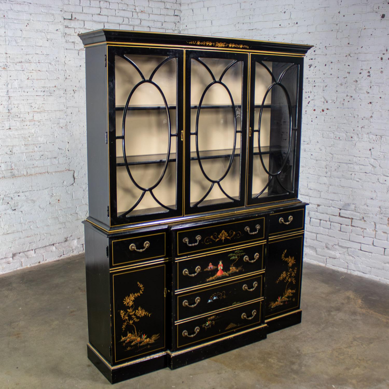 Gilt Chinoiserie Breakfront China Hutch Drop Front Secretary Bookcase Black Lacquer For Sale