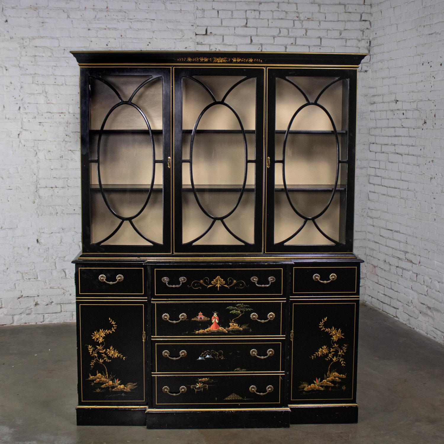 Chinoiserie Breakfront China Hutch Drop Front Secretary Bookcase Black Lacquer In Good Condition For Sale In Topeka, KS