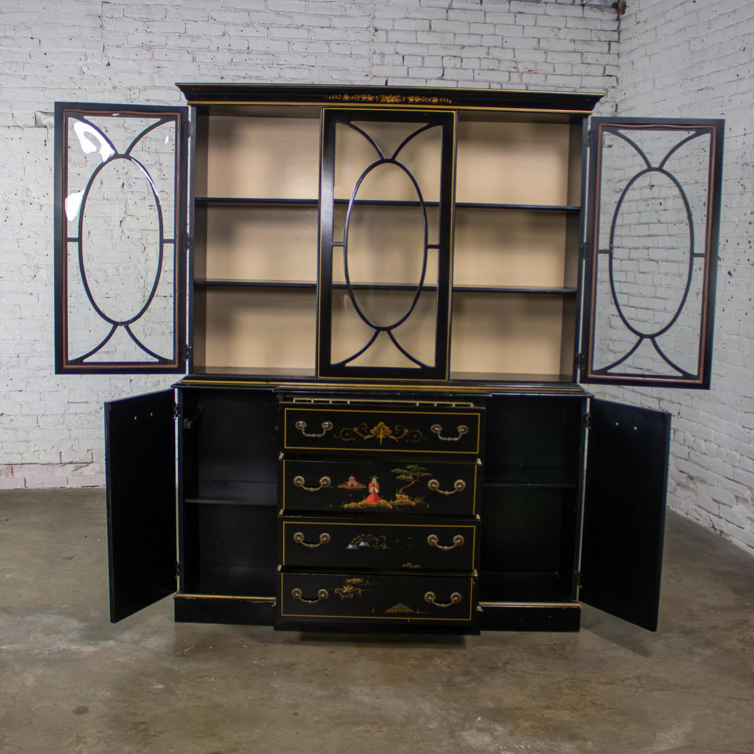 20th Century Chinoiserie Breakfront China Hutch Drop Front Secretary Bookcase Black Lacquer For Sale