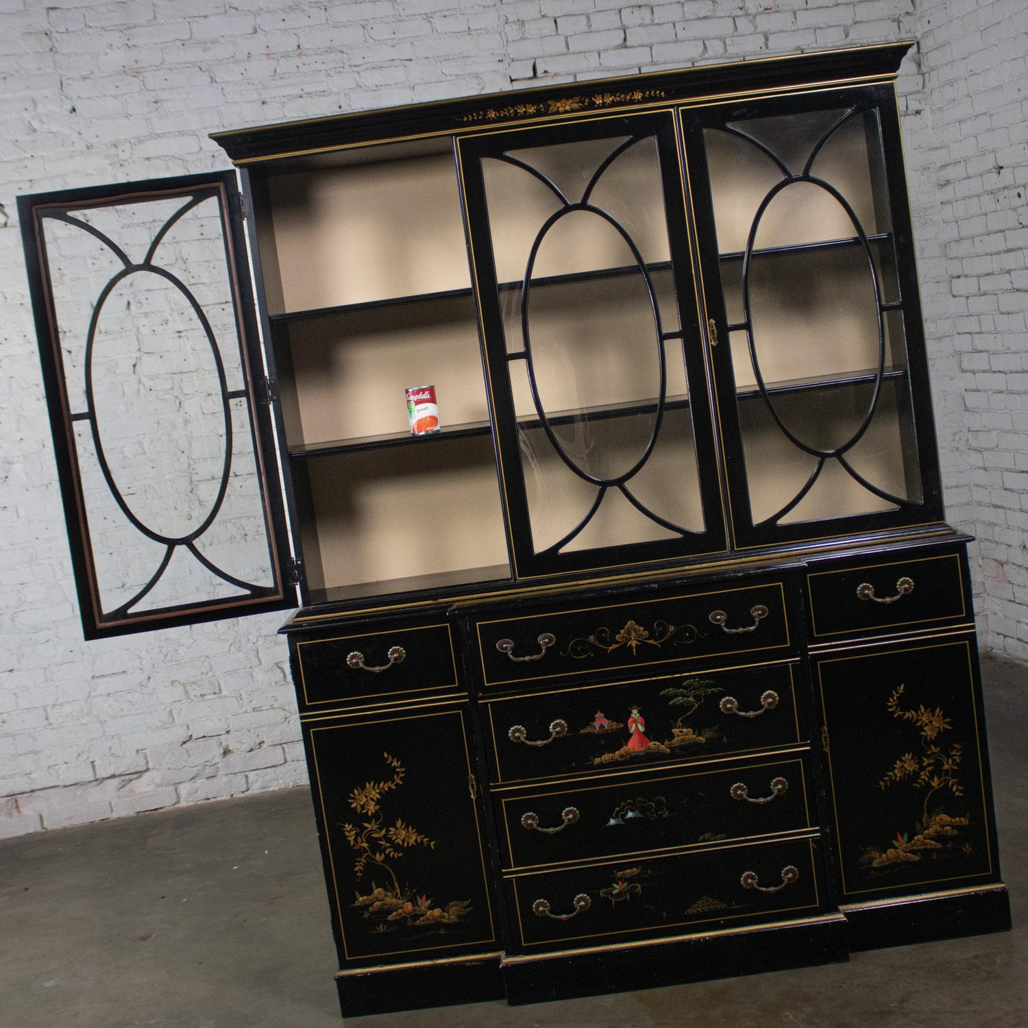 Brass Chinoiserie Breakfront China Hutch Drop Front Secretary Bookcase Black Lacquer For Sale