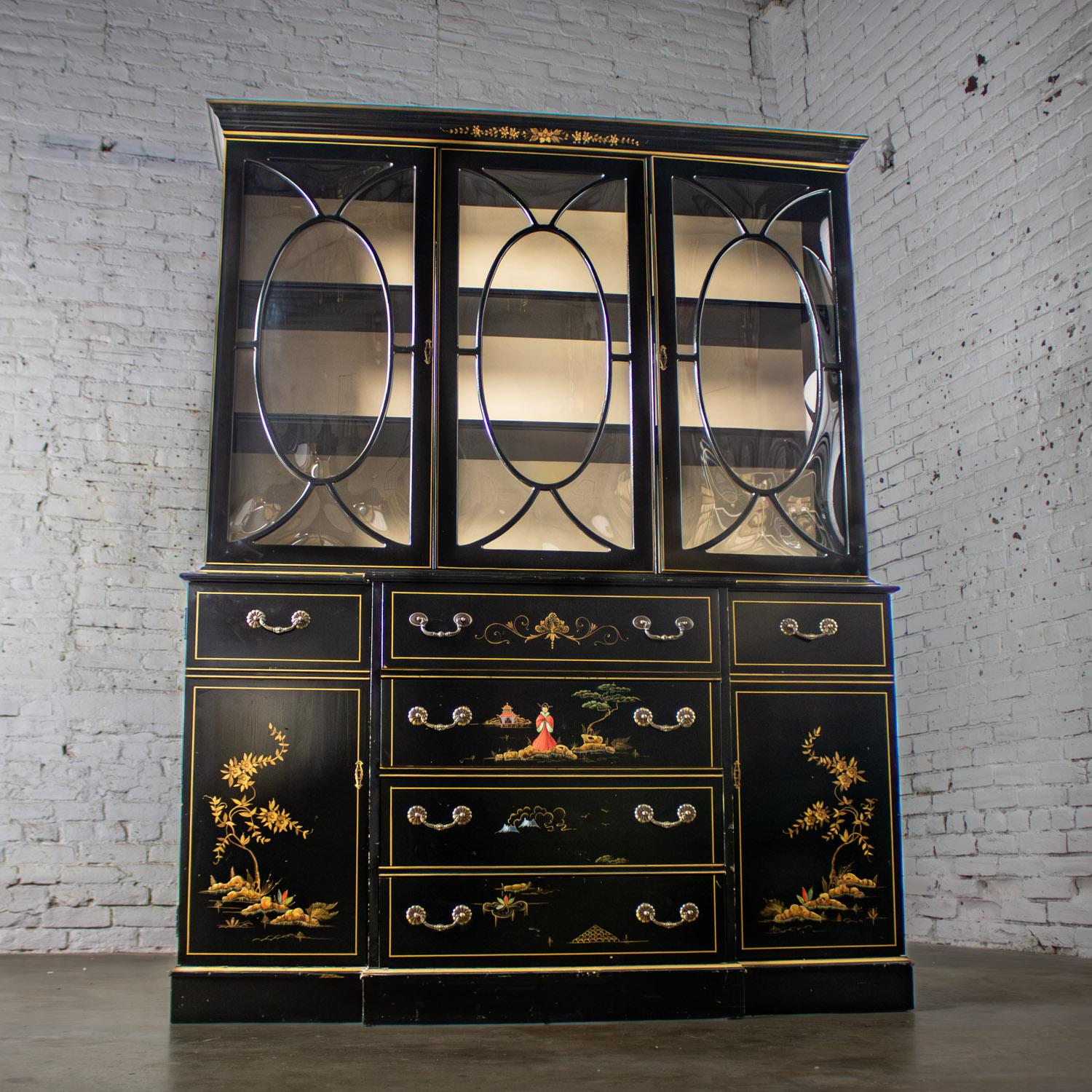 Chinoiserie Breakfront China Hutch Drop Front Secretary Bookcase Black Lacquer For Sale 1