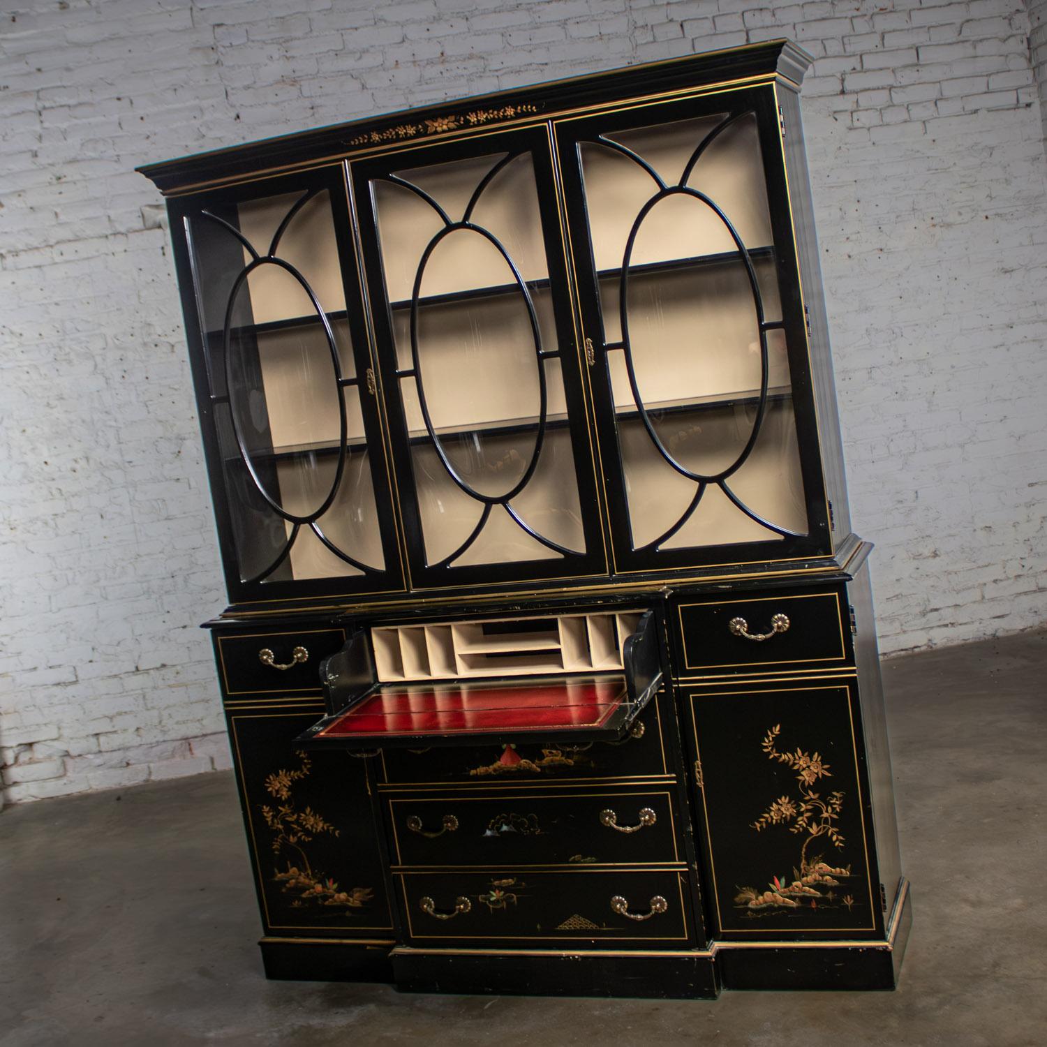Chinoiserie Breakfront China Hutch Drop Front Secretary Bookcase Black Lacquer For Sale 2