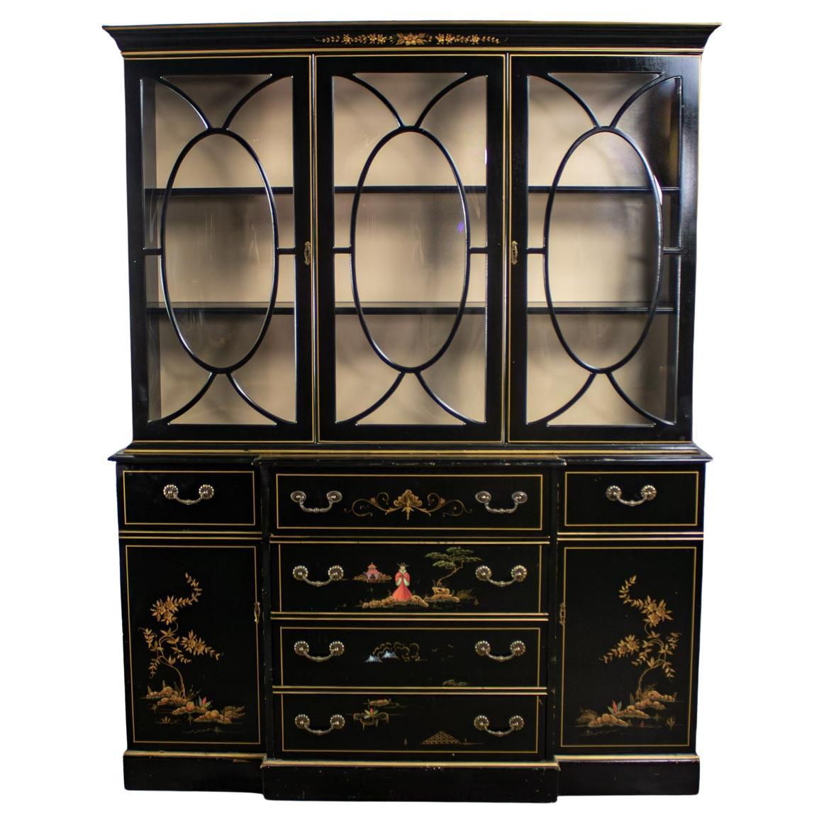 Chinoiserie Breakfront China Hutch Drop Front Secretary Bookcase Black Lacquer
