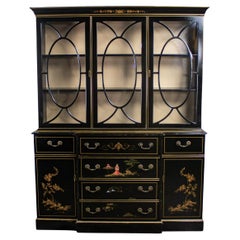 Chinoiserie Breakfront China Hutch Drop Front Secretary Bookcase Black Lacquer