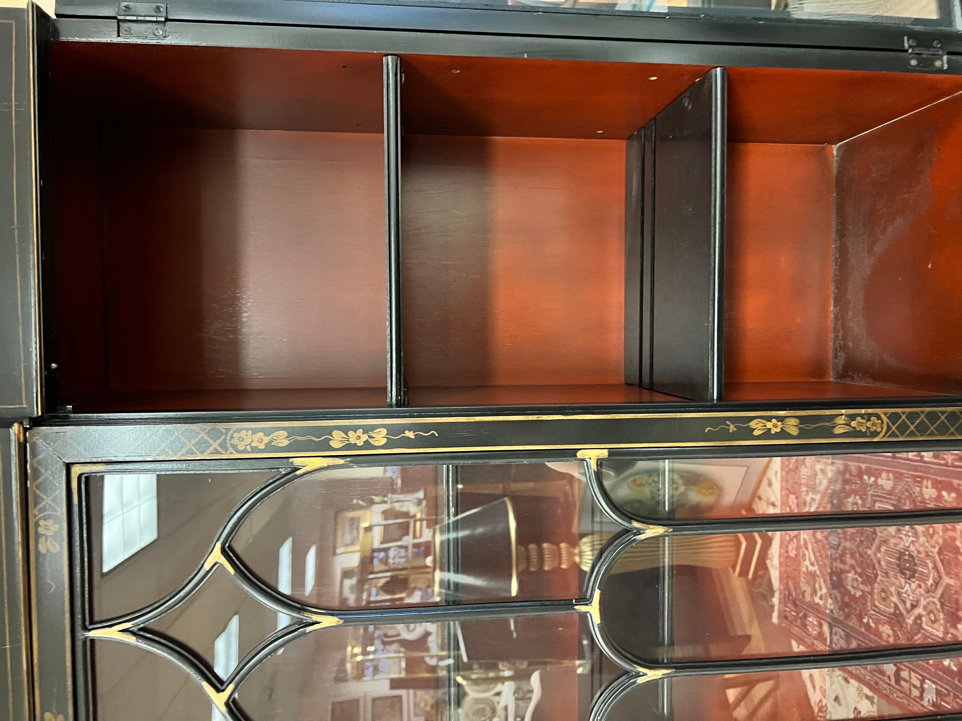 Chinoiserie Black Lacquered Breakfront Sideboard China Cabinet Secretary 3