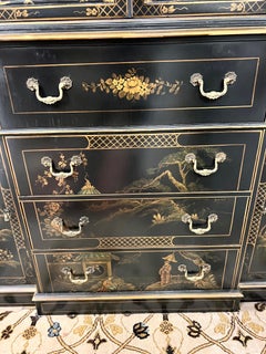 Chinoiserie Black Lacquered Breakfront Sideboard China Cabinet Secretary