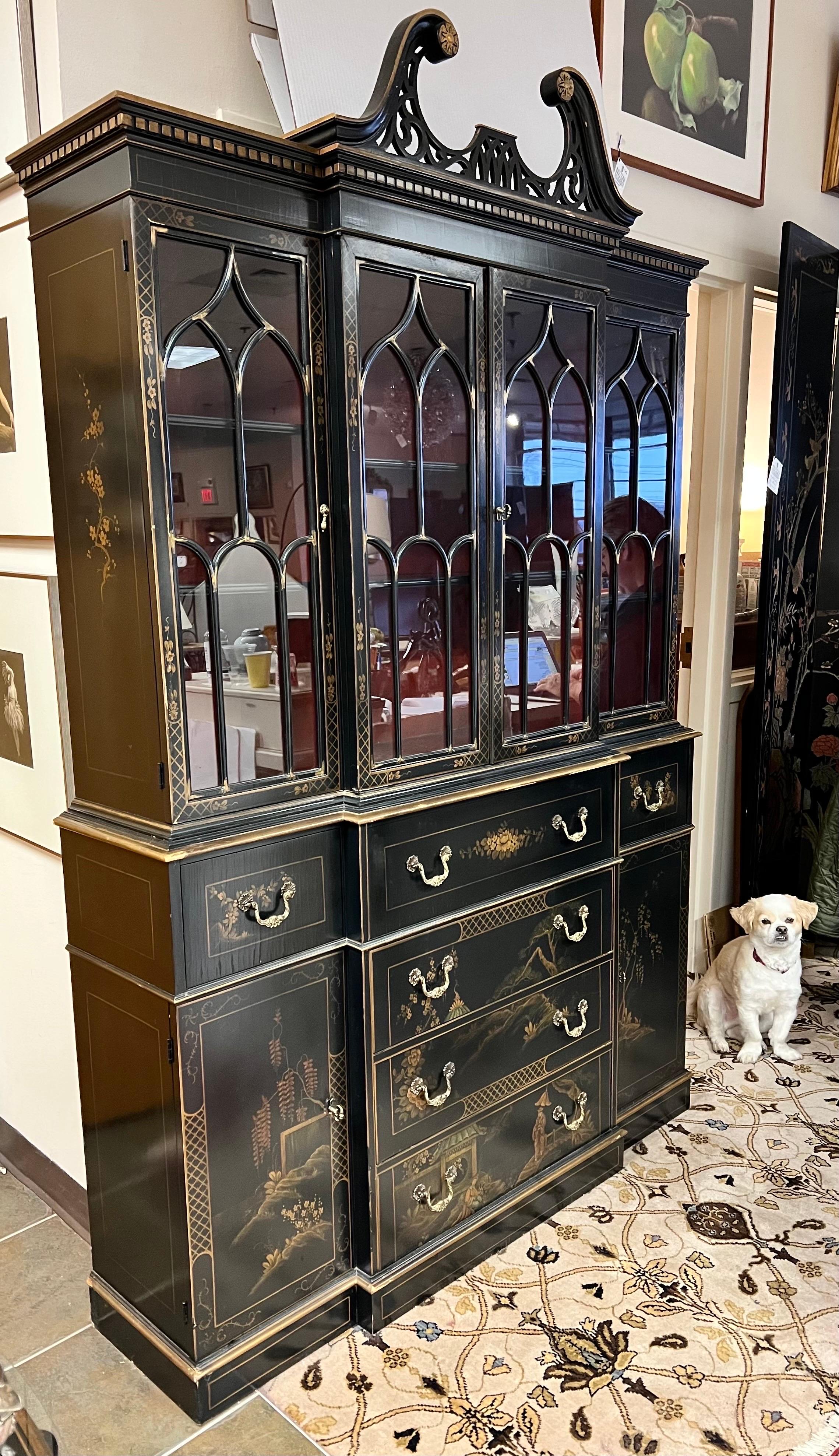 Mid-Century Modern Chinoiserie Black Lacquered Breakfront Sideboard China Cabinet Secretary