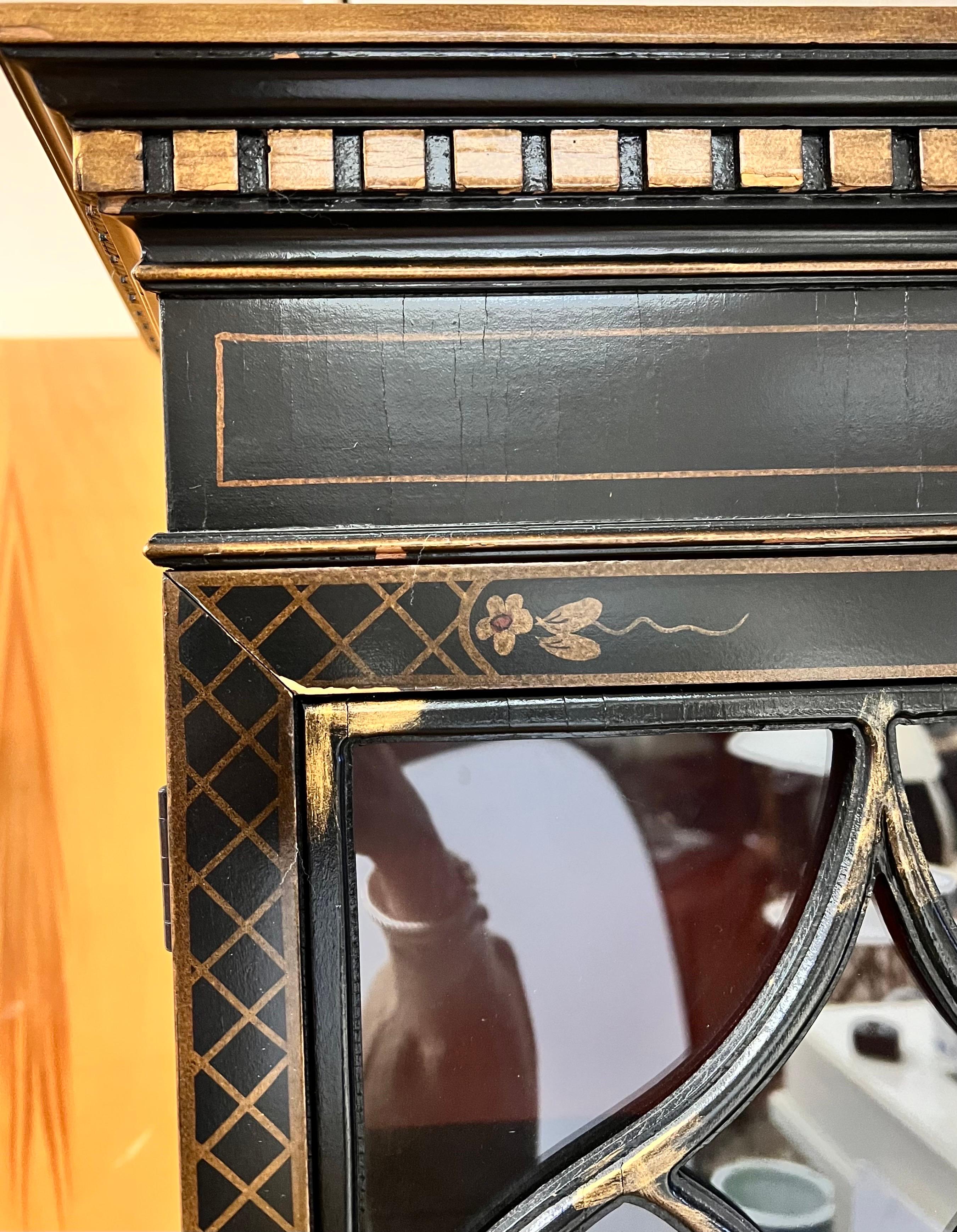 Chinoiserie Black Lacquered Breakfront Sideboard China Cabinet Secretary In Good Condition In West Hartford, CT