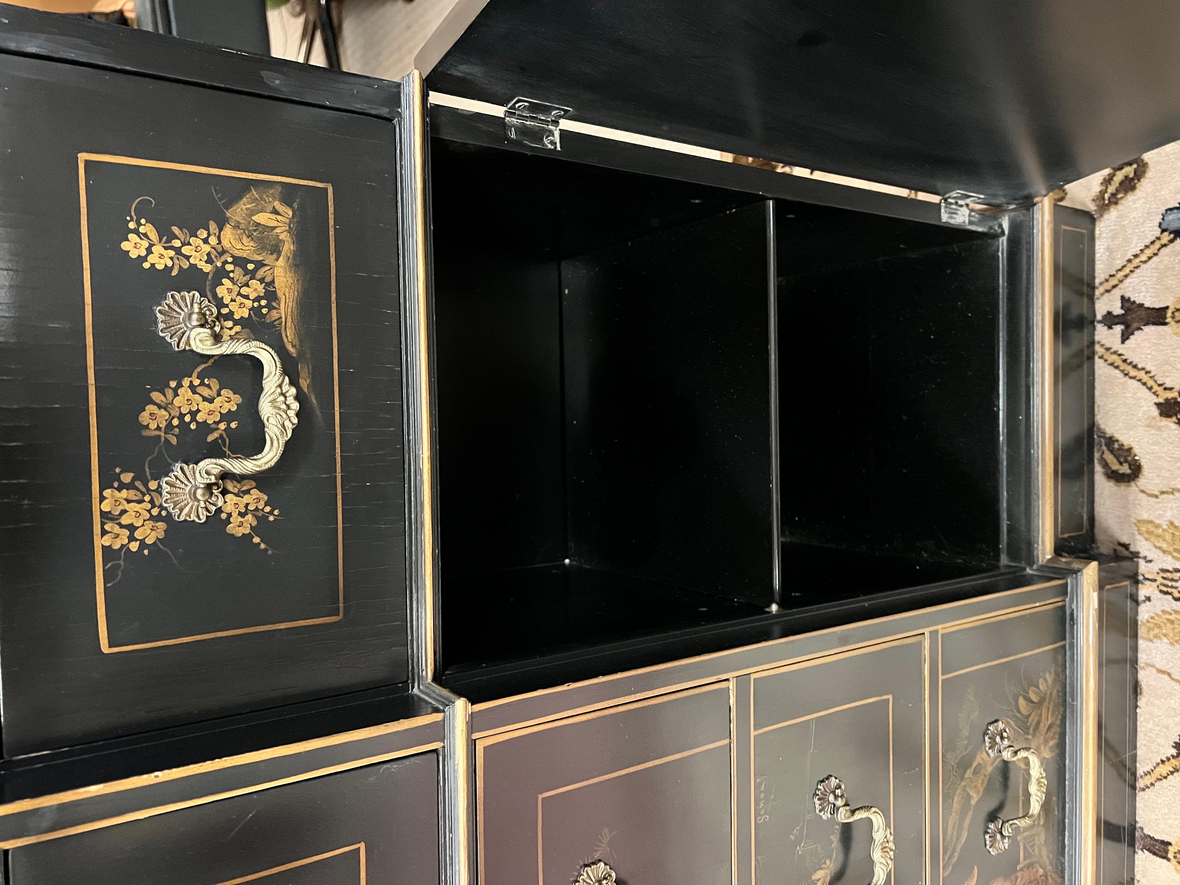 Glass Chinoiserie Black Lacquered Breakfront Sideboard China Cabinet Secretary