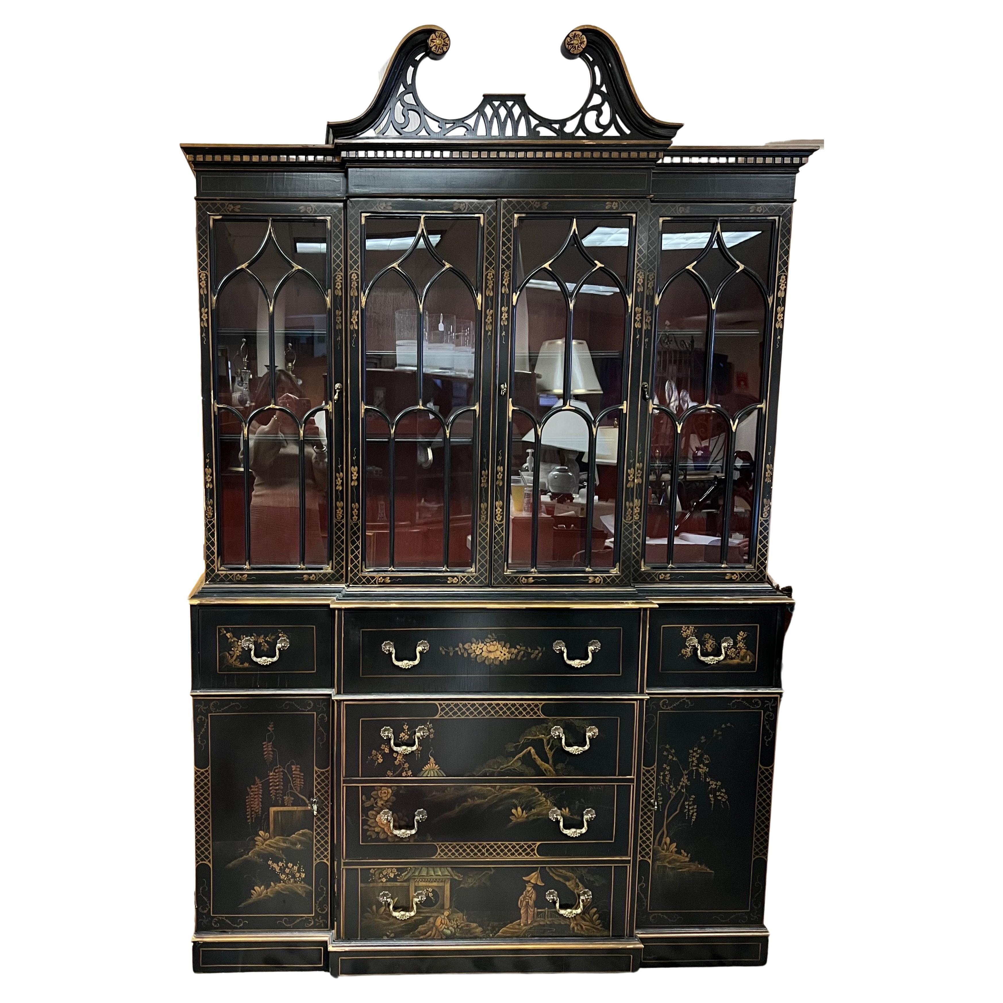 Chinoiserie Black Lacquered Breakfront Sideboard China Cabinet Secretary