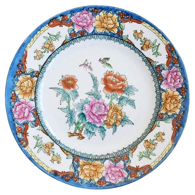 Chinoiserie Bright Blue Pink and Yellow Decorative Floral Motif Wall Plate For Sale