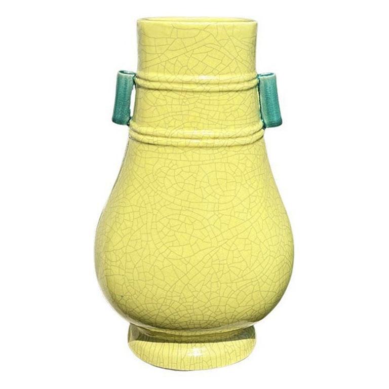 Hong Kong Chinoiserie Bright Lemon Yellow and Green Craquelure Ceramic Gourd Vase For Sale