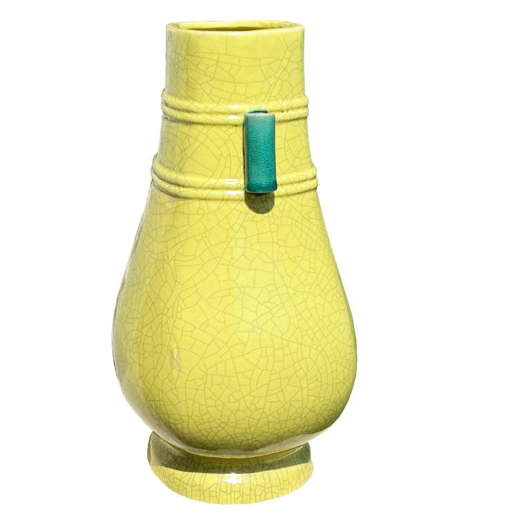 Chinoiserie Bright Lemon Yellow and Green Craquelure Ceramic Gourd Vase In Good Condition For Sale In Oklahoma City, OK