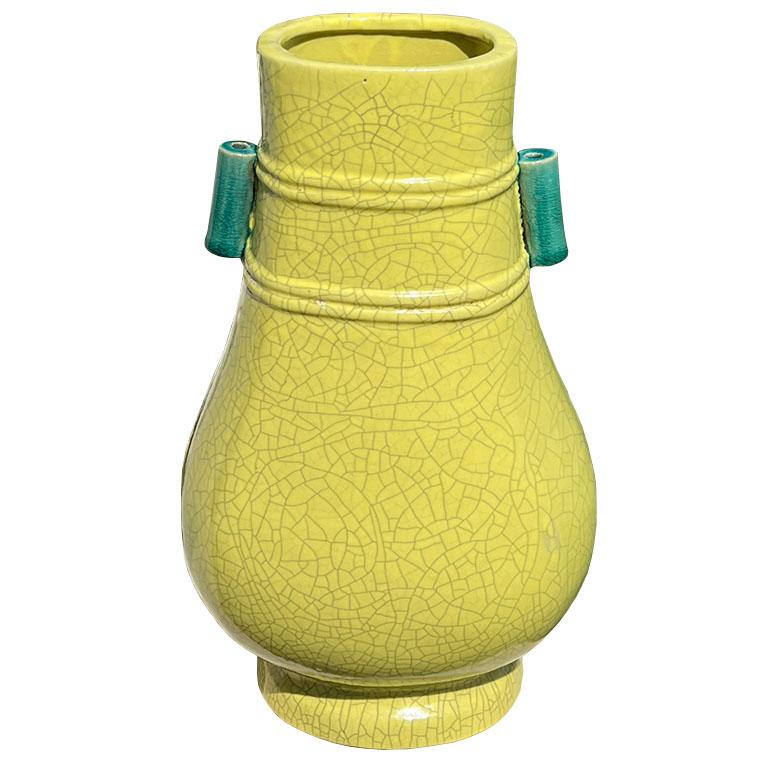 Chinoiserie Bright Lemon Yellow and Green Craquelure Ceramic Gourd Vase For Sale