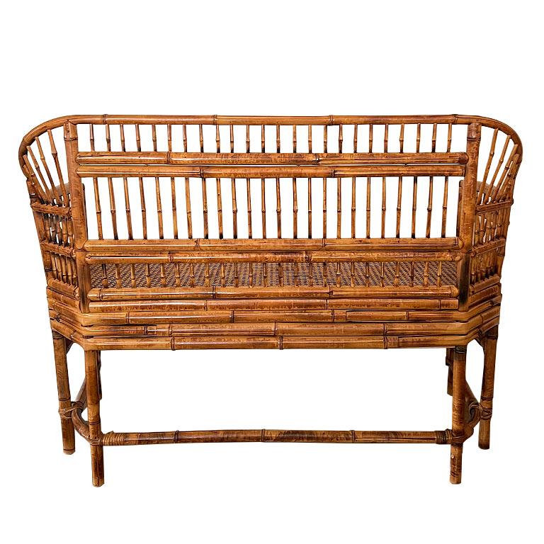 Chinoiserie Brighton Pavillion Burnt Bamboo Arm Settee or Bench with Cane Seat In Good Condition In Oklahoma City, OK
