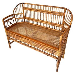 Chinoiserie Brighton Pavillion Burnt Bamboo Arm Settee or Bench with Cane Seat