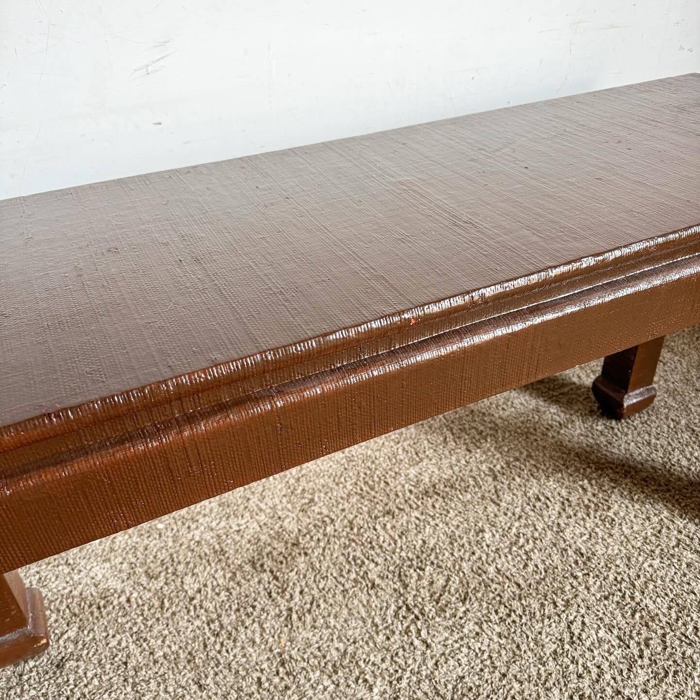 American Chinoiserie Brown Finished Grass Cloth Console Table For Sale
